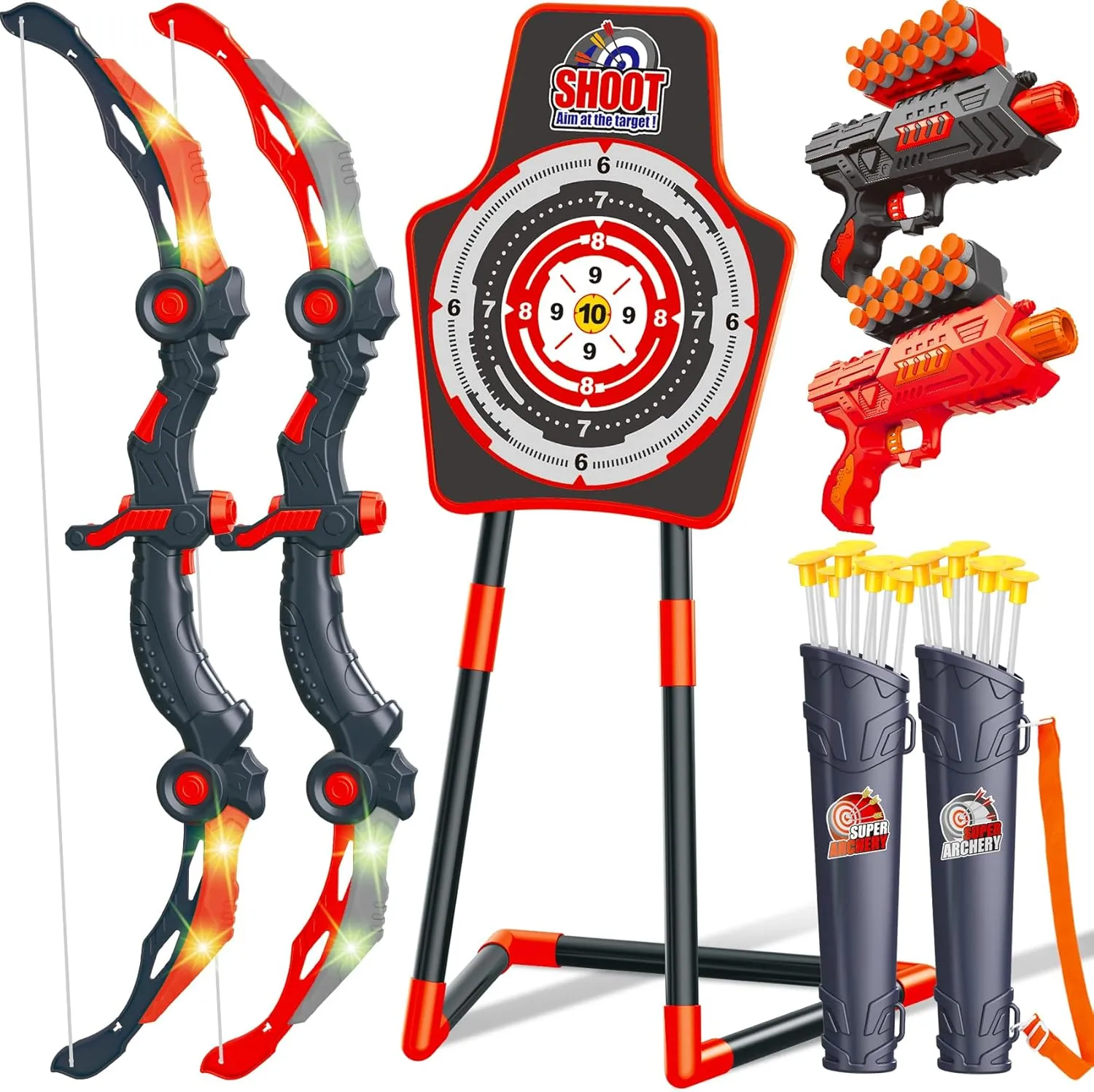 GMAOPHY Bow and Arrow for 5 6 7 8 9 10 11  Year Old Boys, Birthday Gift for Kids, Indoor Outdoor Activity Toys, 2 Pack LED Light Up Archery Toy with 20 Suction Cup Arrows, Standing Target, 2 Quiver