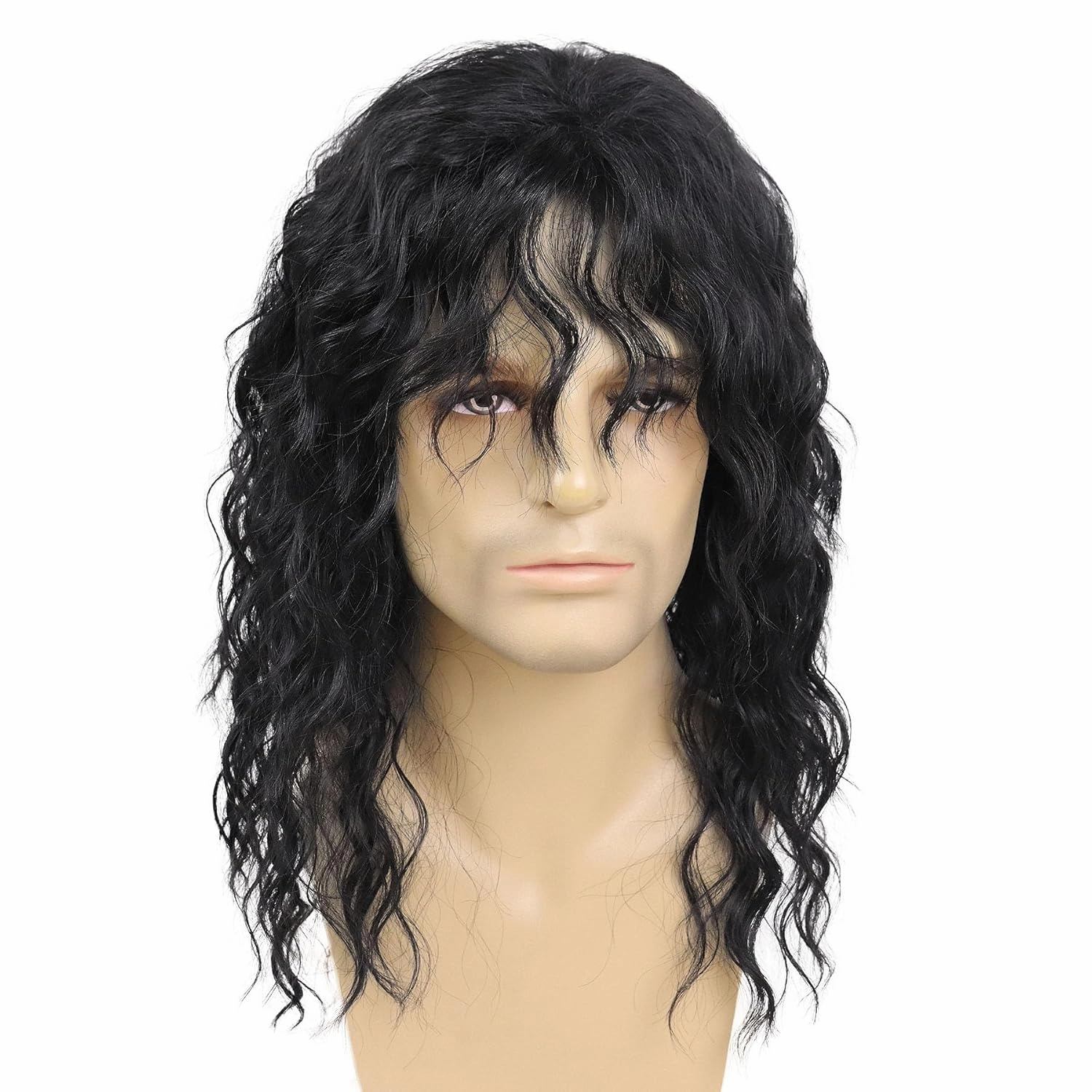 GNIMEGIL 70s 80s Rocker Wigs for Men Long Curly Black Wig Natural Color Halloween Costume Anime Wig with Bangs