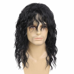 GNIMEGIL 70s 80s Rocker Wigs for Men Long Curly Black Wig Natural Color Halloween Costume Anime Wig with Bangs