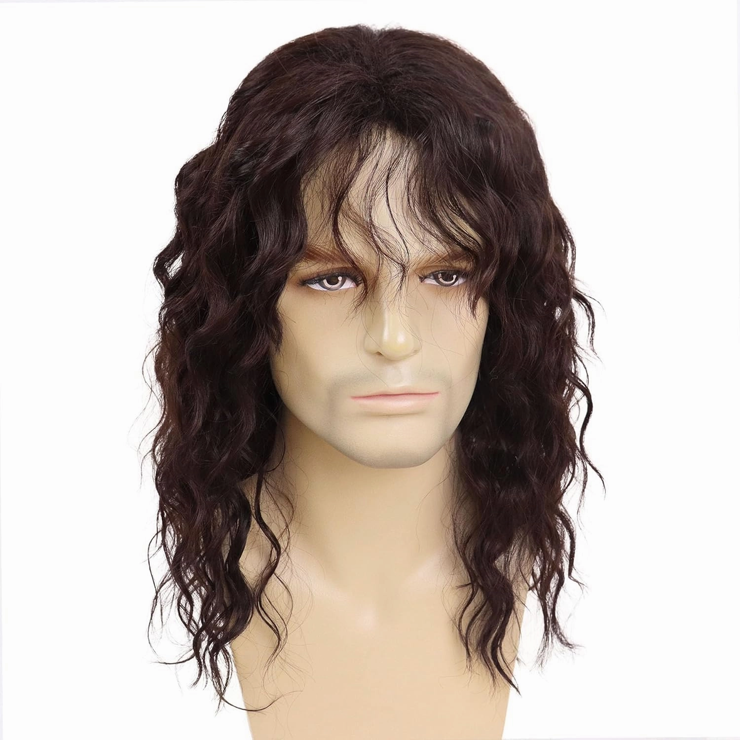 GNIMEGIL Long Brown Wigs for Men Synthetic Layered Wavy Cosplay Party Wig 70s 80s Punk Rocker Party California Wig with Bangs