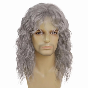 GNIMEGIL Long Curly Wavy Grey Wigs for Men Synthetic Natural Party Halloween Cosplay Hair Wig with Bangs