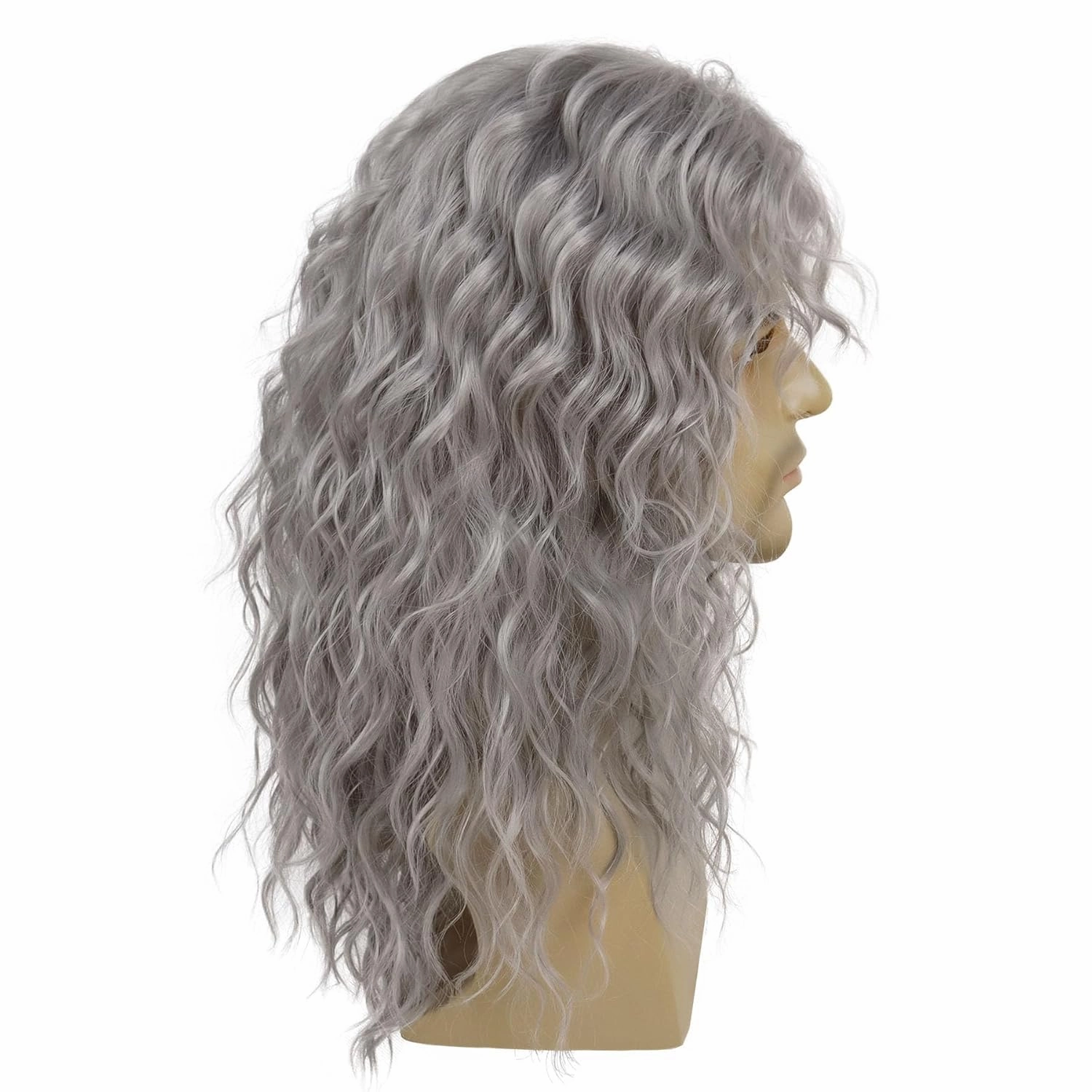 GNIMEGIL Long Curly Wavy Grey Wigs for Men Synthetic Natural Party Halloween Cosplay Hair Wig with Bangs