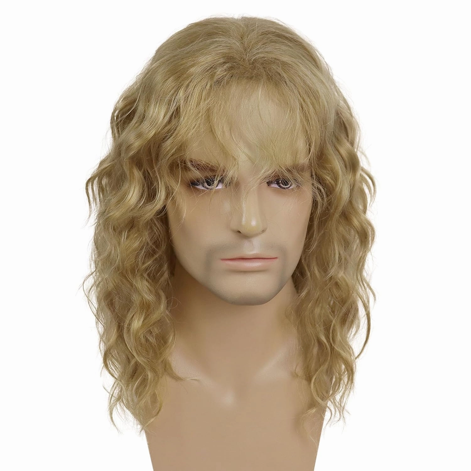 GNIMEGIL Male Wig Natural Long Curly Blonde Wig With Bangs Water Wave 70 80s Cosplay Adjustable Man Hair Men Wig Synthetic Fiber