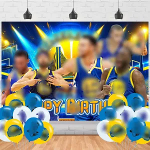 Golden State Basketball Birthday Decorations,Warriors Happy Birthday Banner Backdrop for Golden State Party Supplies (5x3ft)