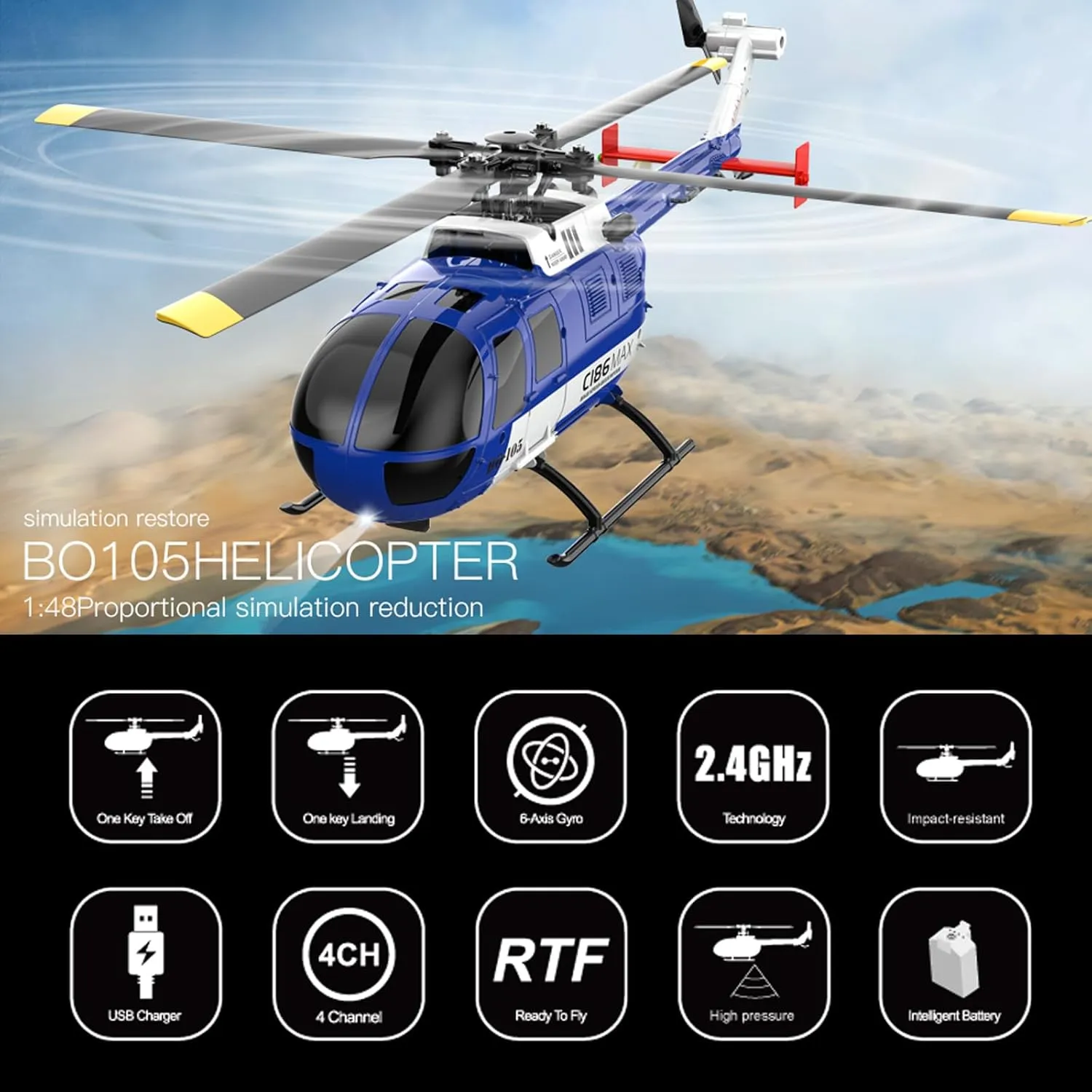 GoolRC C186max Remote Control Helicopter New Upgrades 6-axis Gyroscope 2.4G 4CH Single Propeller Aileron Free RC Helicopter with Optical Flow Positioning Low Voltage Alarm One Click Function