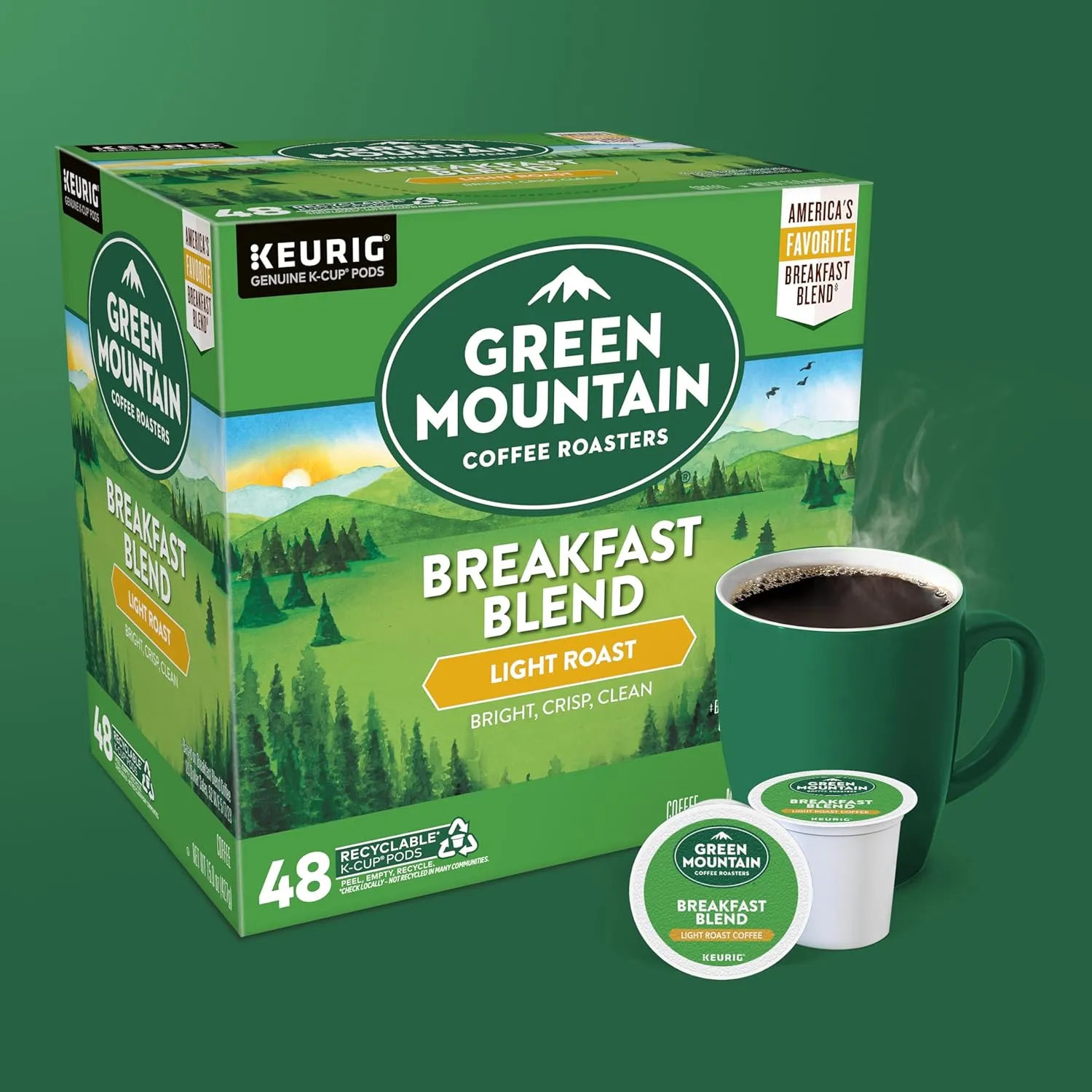 Green Mountain Coffee Roasters Breakfast Blend Single-Serve Keurig K-Cup Pods, Light Roast Coffee, 48 Count
