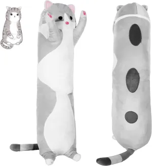 Grey Long Cat Plush Body Pillow Kawaii Cat Stuffed Toy, Cute Soft Plush Animal Doll, Plushies Decorations for Video Game Fans, Kitten Plush Throw Pillow Doll Gift for Girlfriend & Kids 43.3in/110cm