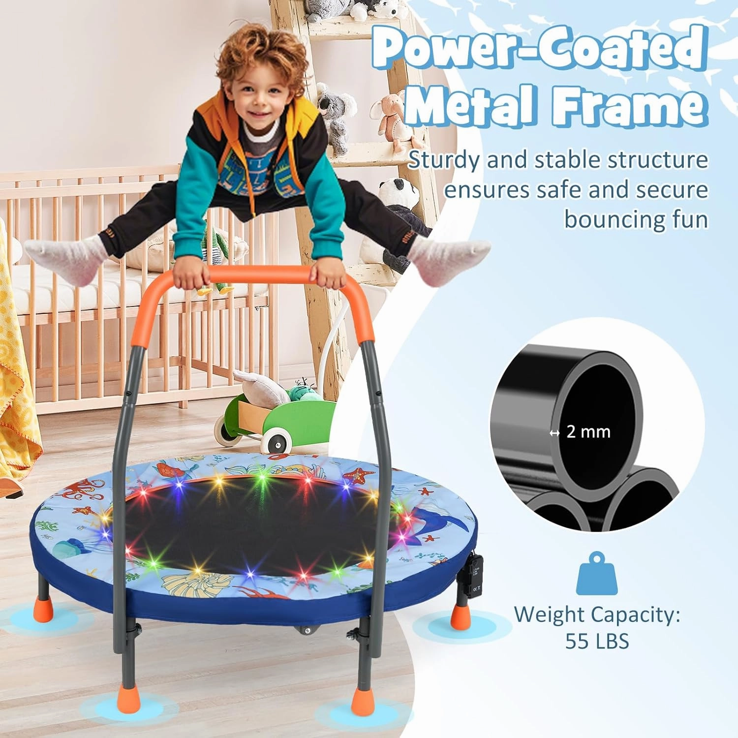 GYMAX Trampoline for Kids, 36” Foldable Mini Trampoline with Lights, Foam Handle & Padded Safety Cover, Toddler Small Recreational Rebounder for Indoor/Outdoor