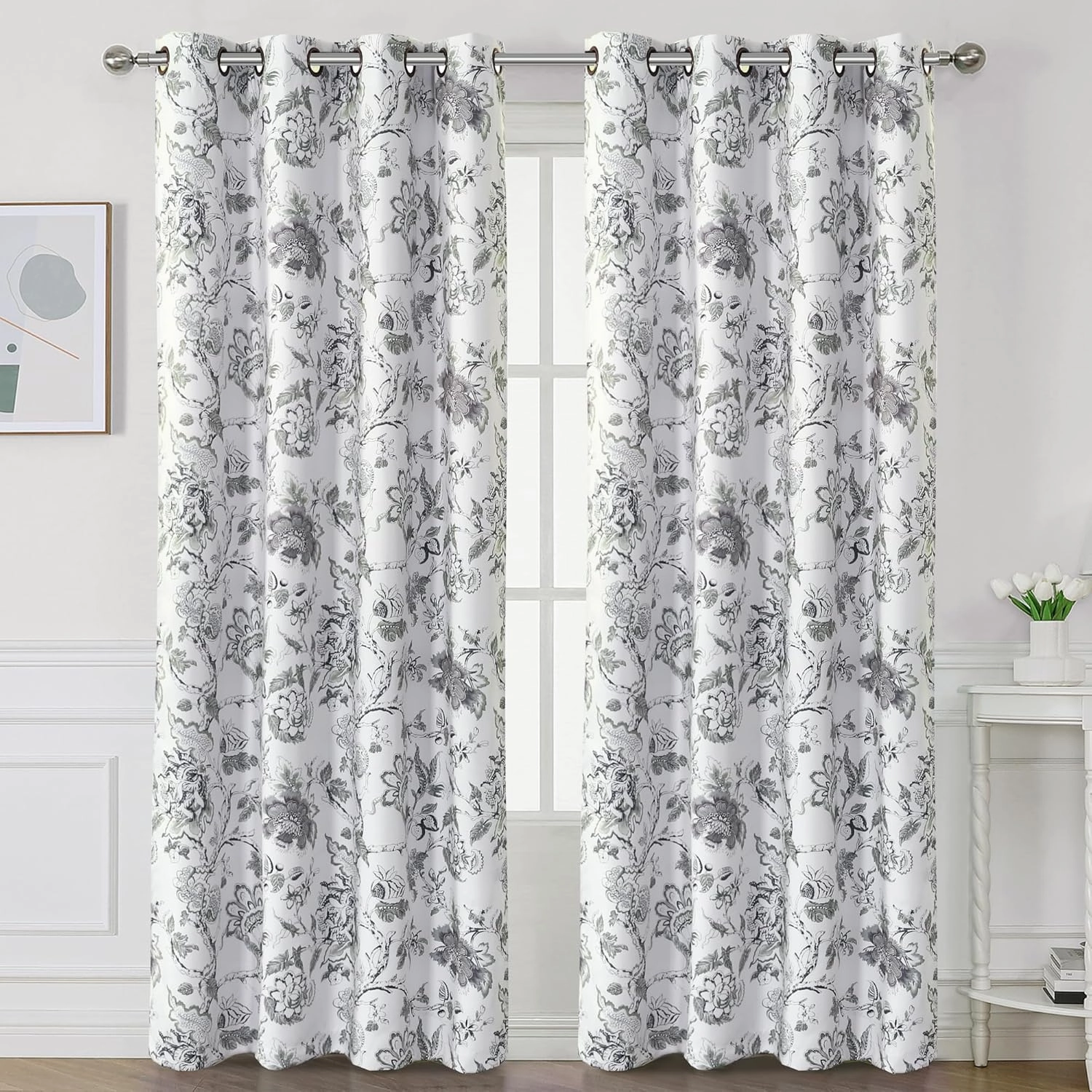 H.VERSAILTEX Blackout Curtains 84 Inch Length 2 Panels Set Floral Print Curtain Drapes for Living Room Thermal Insulated Grommet Window Curtains for Bedroom - Traditional Floral in Antique Green