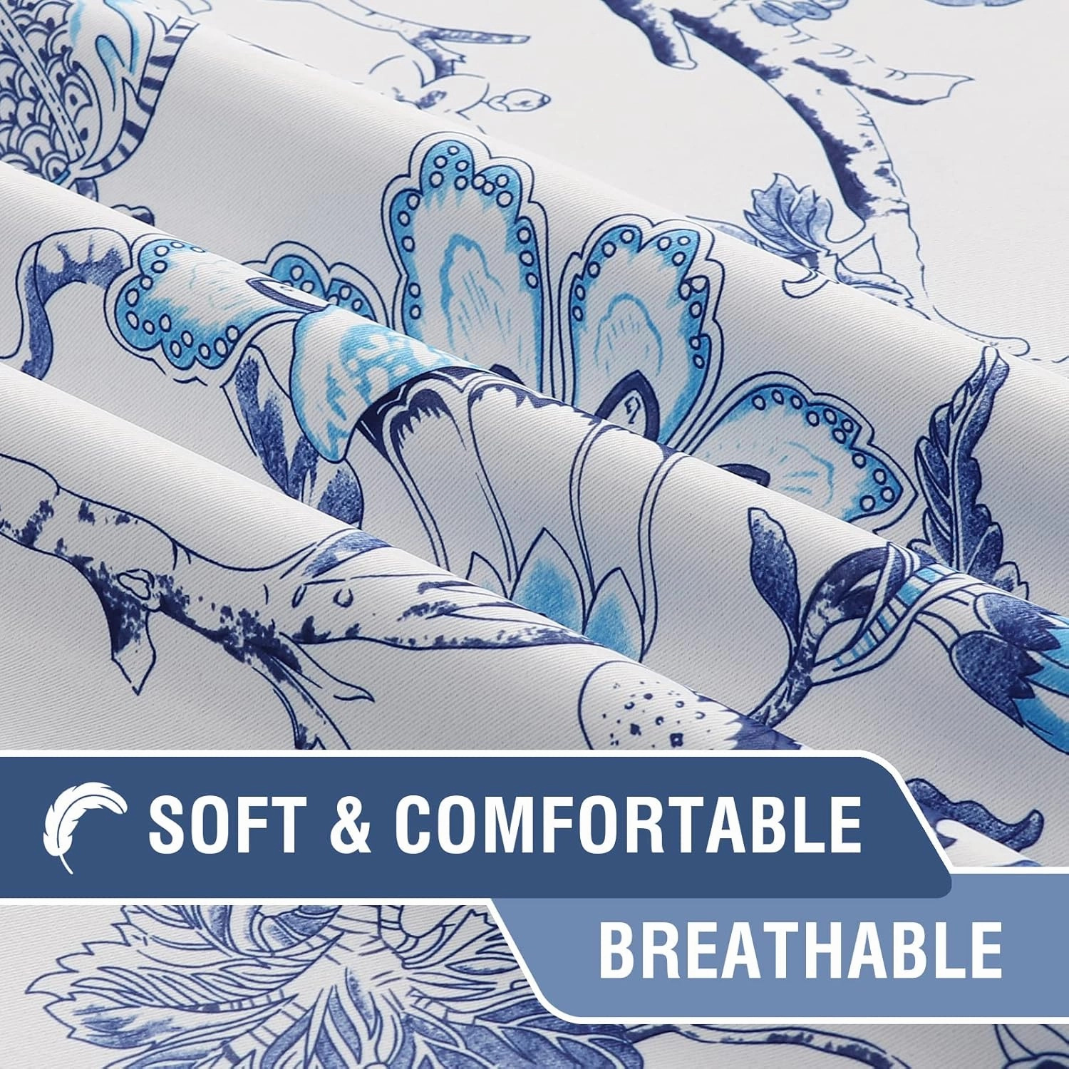 H.VERSAILTEX Blackout Curtains 84 Inch Length 2 Panels Set Floral Print Curtain Drapes for Living Room Thermal Insulated Grommet Window Curtains for Bedroom - Traditional Floral in Blue and White