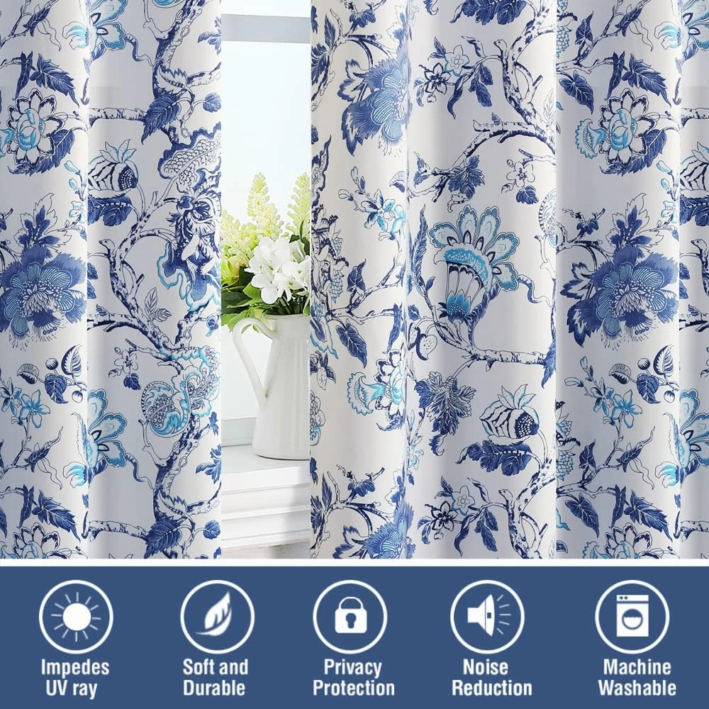 H.VERSAILTEX Blackout Curtains 84 Inch Length 2 Panels Set Floral Print Curtain Drapes for Living Room Thermal Insulated Grommet Window Curtains for Bedroom - Traditional Floral in Blue and White
