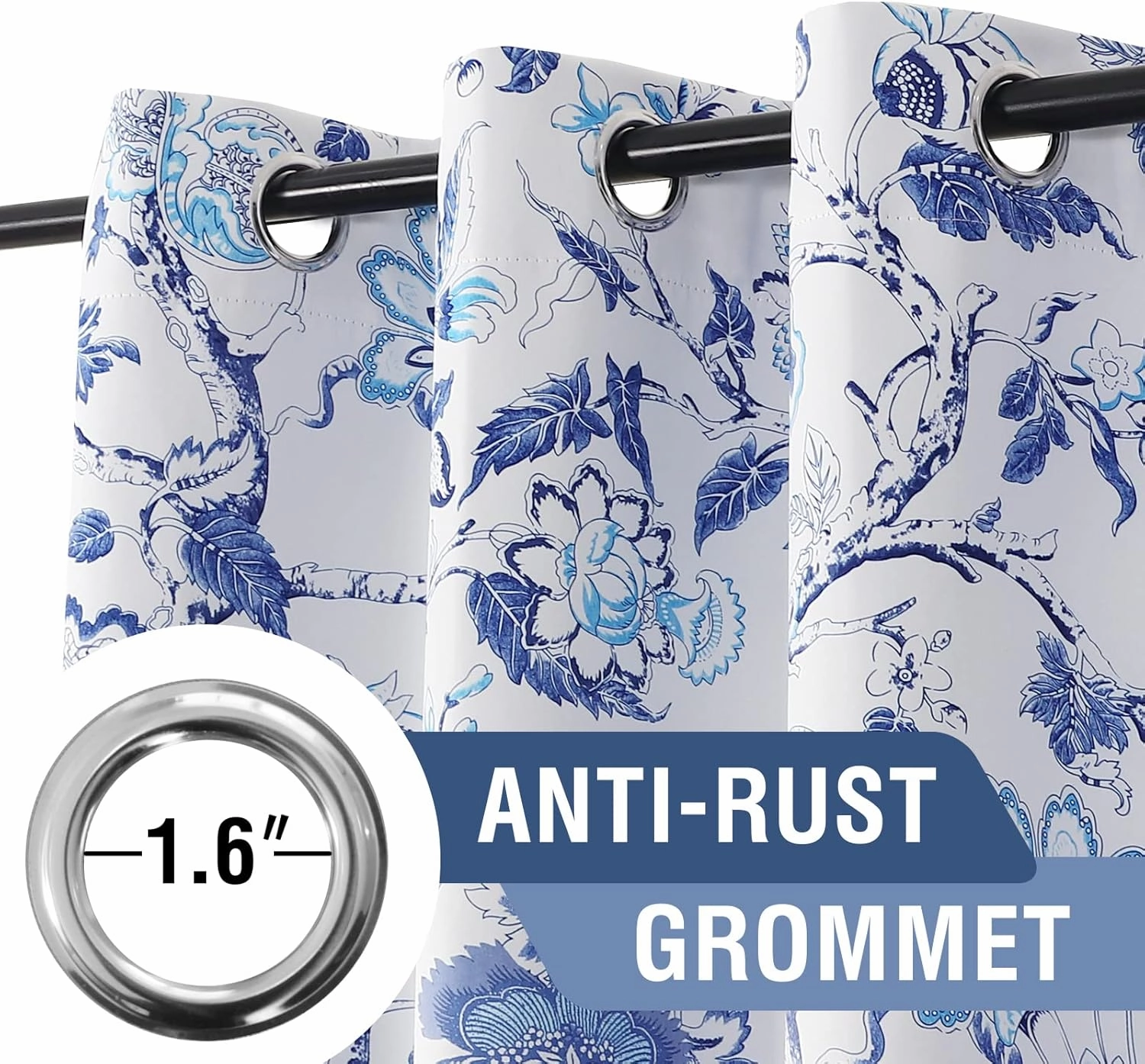 H.VERSAILTEX Blackout Curtains 84 Inch Length 2 Panels Set Floral Print Curtain Drapes for Living Room Thermal Insulated Grommet Window Curtains for Bedroom - Traditional Floral in Blue and White