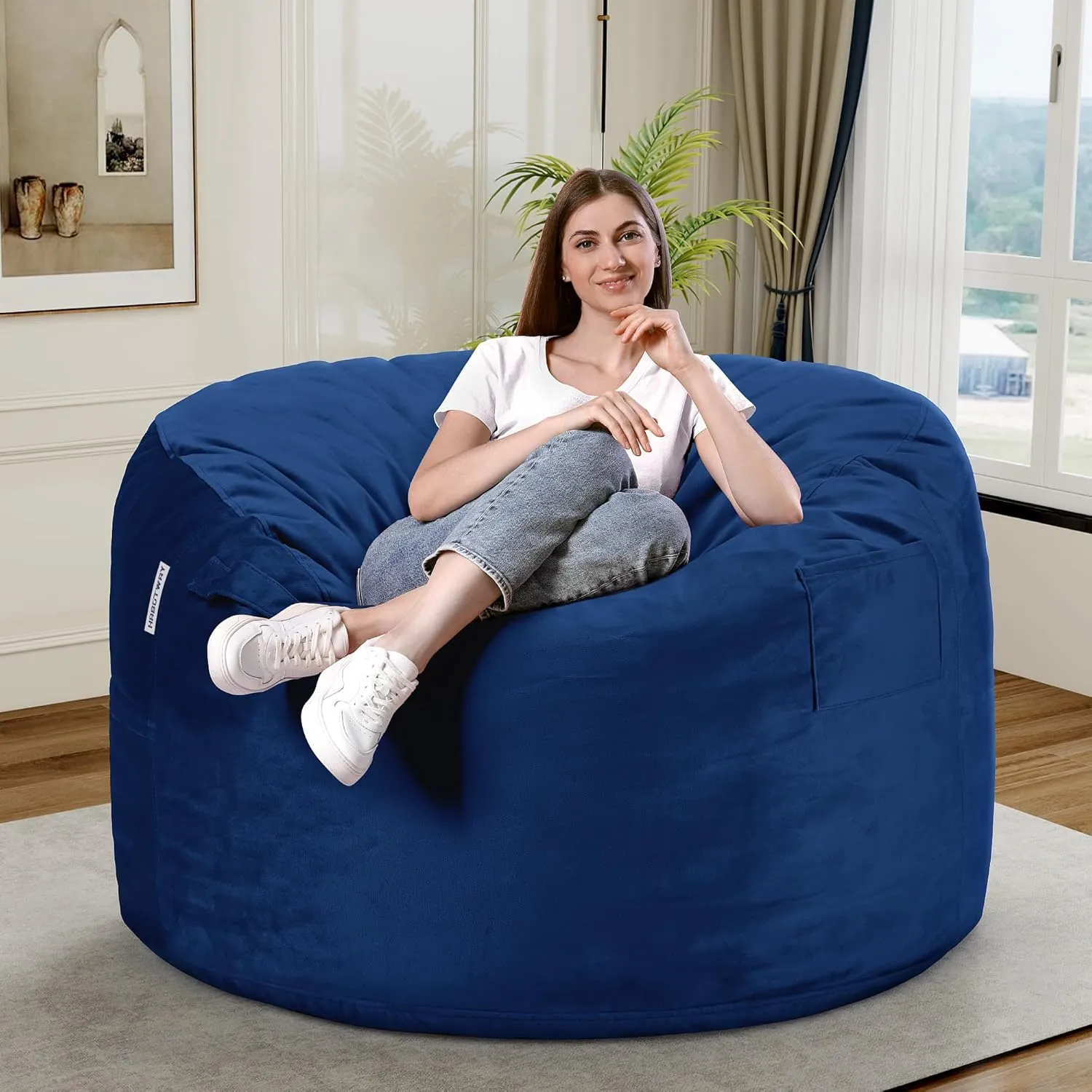 HABUTWAY Bean Bag Chair 3Ft Luxurious Velvet Ultra Soft Fur with High Rebound Memory Foam Bean Bag Chairs for Adults Plush Lazy Sofa with Fluffy Removable Sponge 3' (Blue)