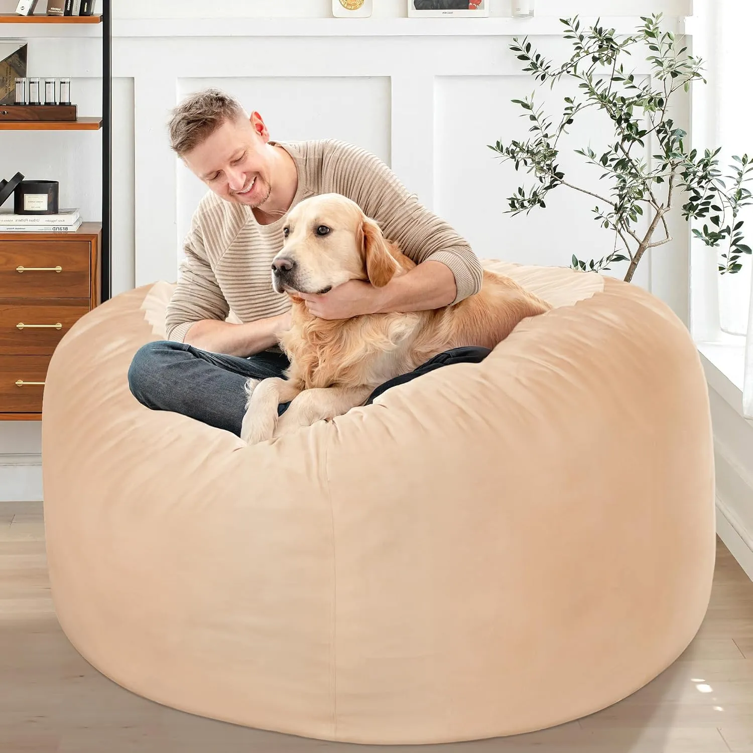 HABUTWAY Bean Bag Chair: Giant 4' Memory Foam Furniture Bean Bag Chairs for Adults with Microfiber Cover 4Ft (Khaki)