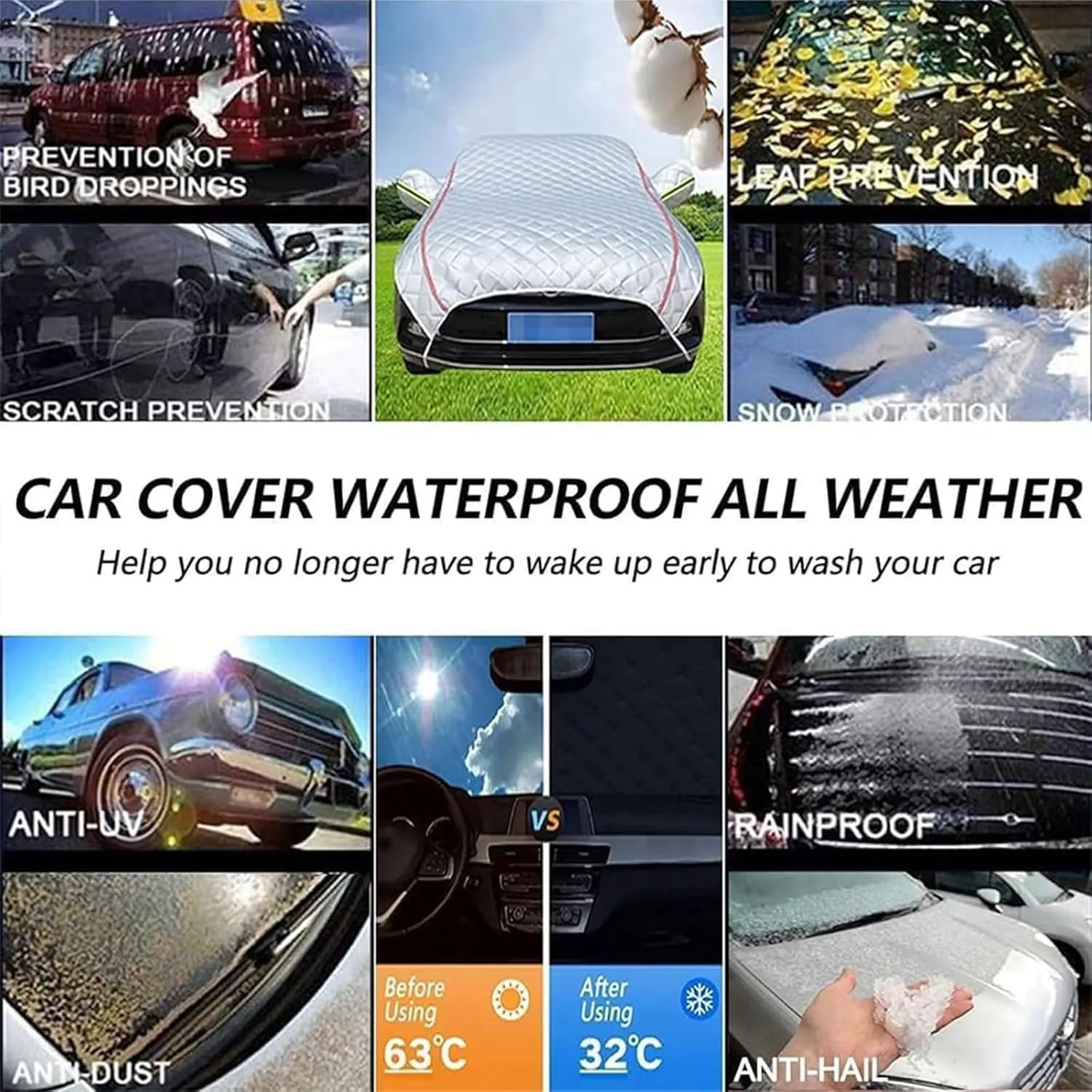 Hail Protector Car Cover, 5-Layer Padded Anti-Hail Car Cover, Heavy Duty Waterproof with Reflective Safety Strips, All-Weather Protection Against Hail Snow Rain (White,SUV)