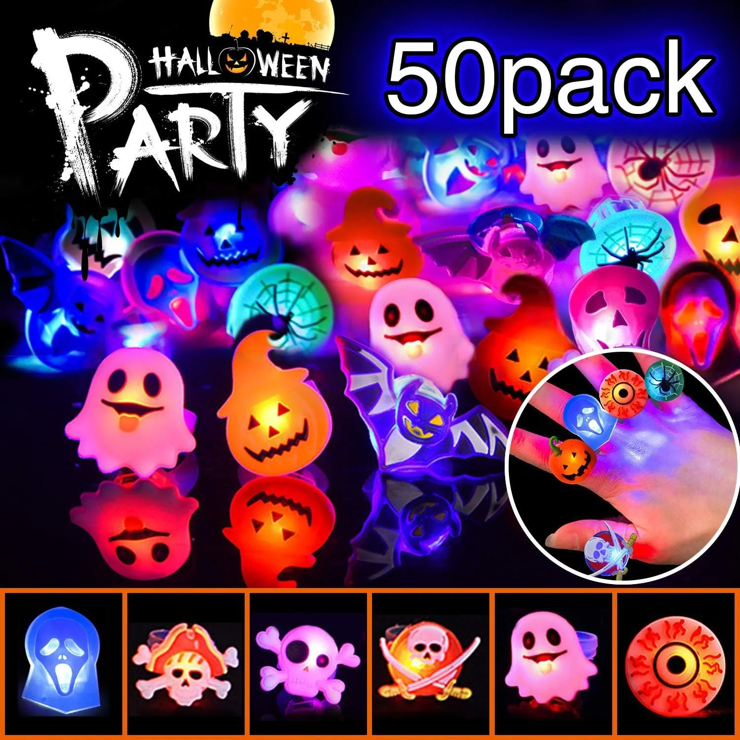 Halloween LED Ring Light Up Rings Halloween Toys Glow in The Dark Halloween Party Favors for Kids Adults LED Flash Rings Ghost Pumpkin Skeleton Best Gift 50 Pack