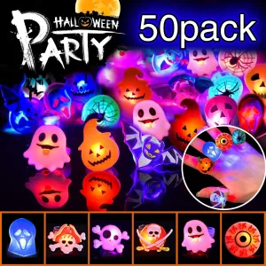 Halloween LED Ring Light Up Rings Halloween Toys Glow in The Dark Halloween Party Favors for Kids Adults LED Flash Rings Ghost Pumpkin Skeleton Best Gift 50 Pack