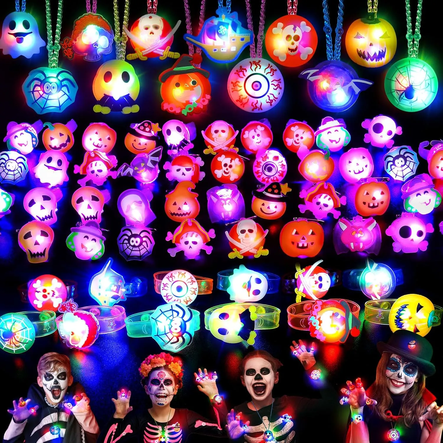 Halloween Light Up Toys - Kids' Party Favors, Glow in the Dark Toys - Necklaces, Rings, Bracelets, Brooches - Bulk Halloween Goodie Bag Fillers (118 PCS)