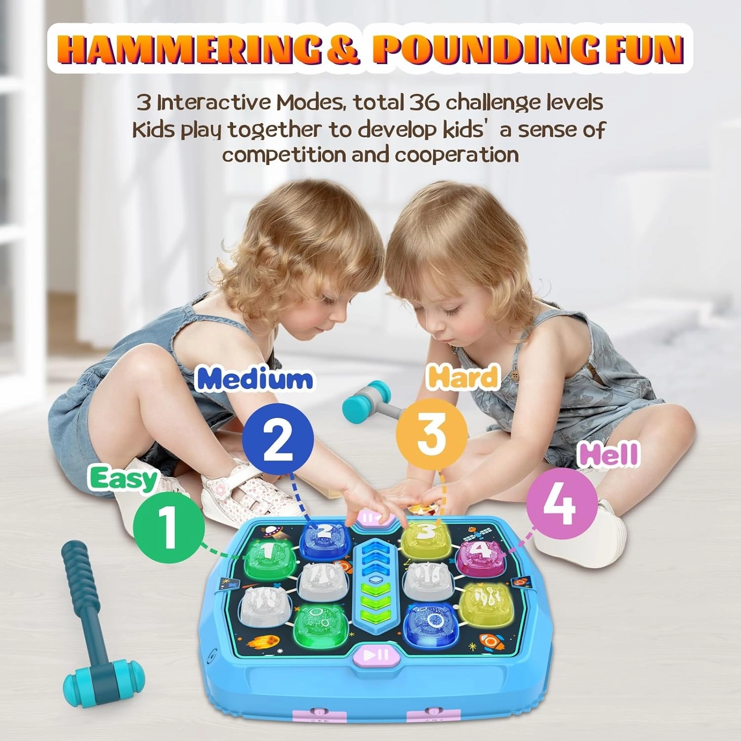 Hammer Mole Game Toy for Toddlers, Toys for 3 4 5 6  Year Old Boys/Girls, Interactive Educational Pounding Toys with 2 Hammers, Sound & Light, PK Mode, Birthday Xmas Toy Gifts for Kids Age 3 4 5 6 