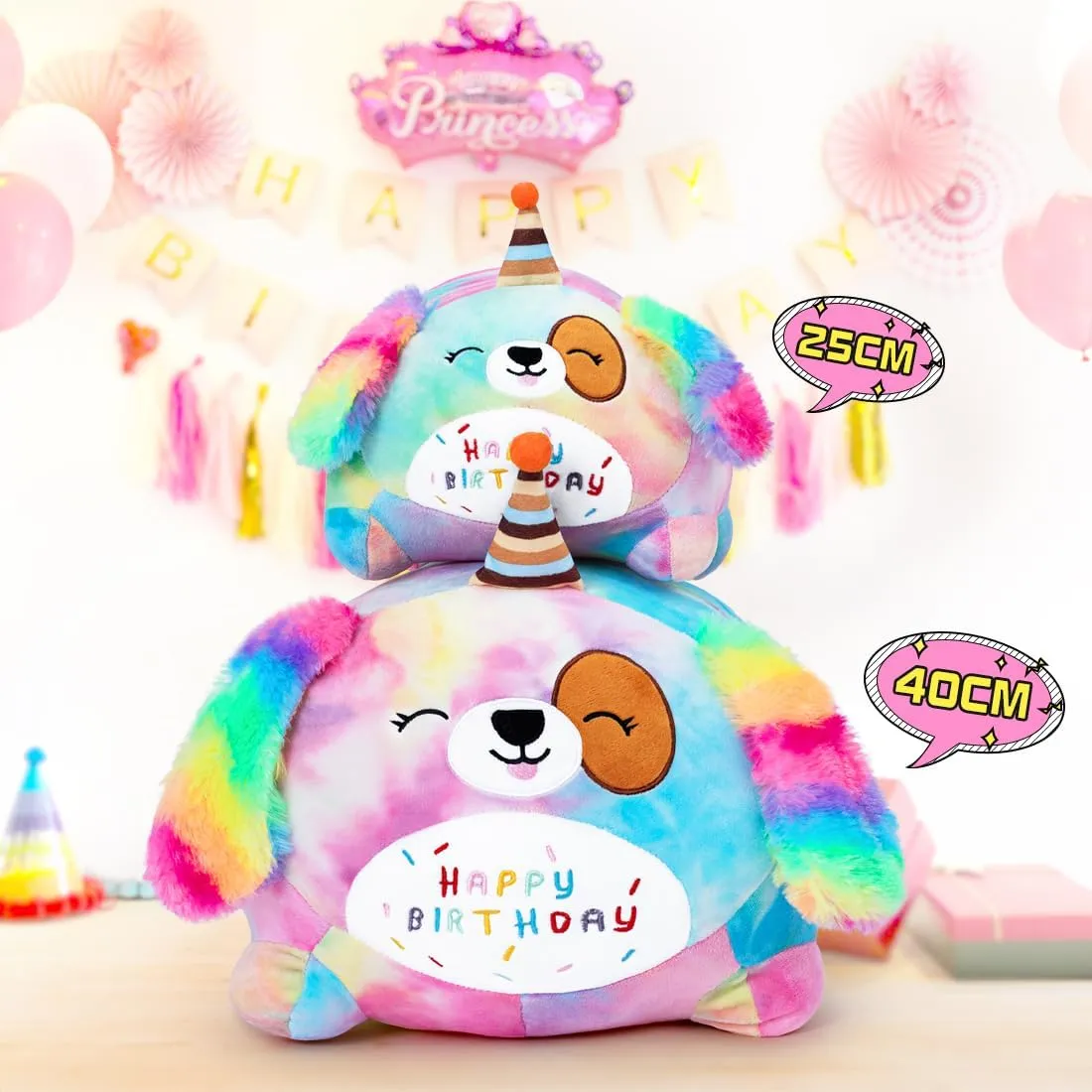 Happy Birthday Plush Toy, Cute Birthday Puppy Stuffed Animal, Colorful Dog Plush Pillow for Girls & Kids (40cm/15.7inch)