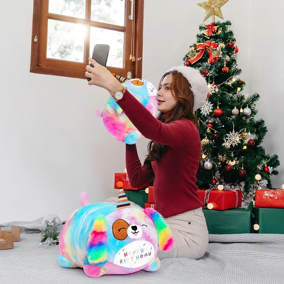 Happy Birthday Plush Toy, Cute Birthday Puppy Stuffed Animal, Colorful Dog Plush Pillow for Girls & Kids (40cm/15.7inch)