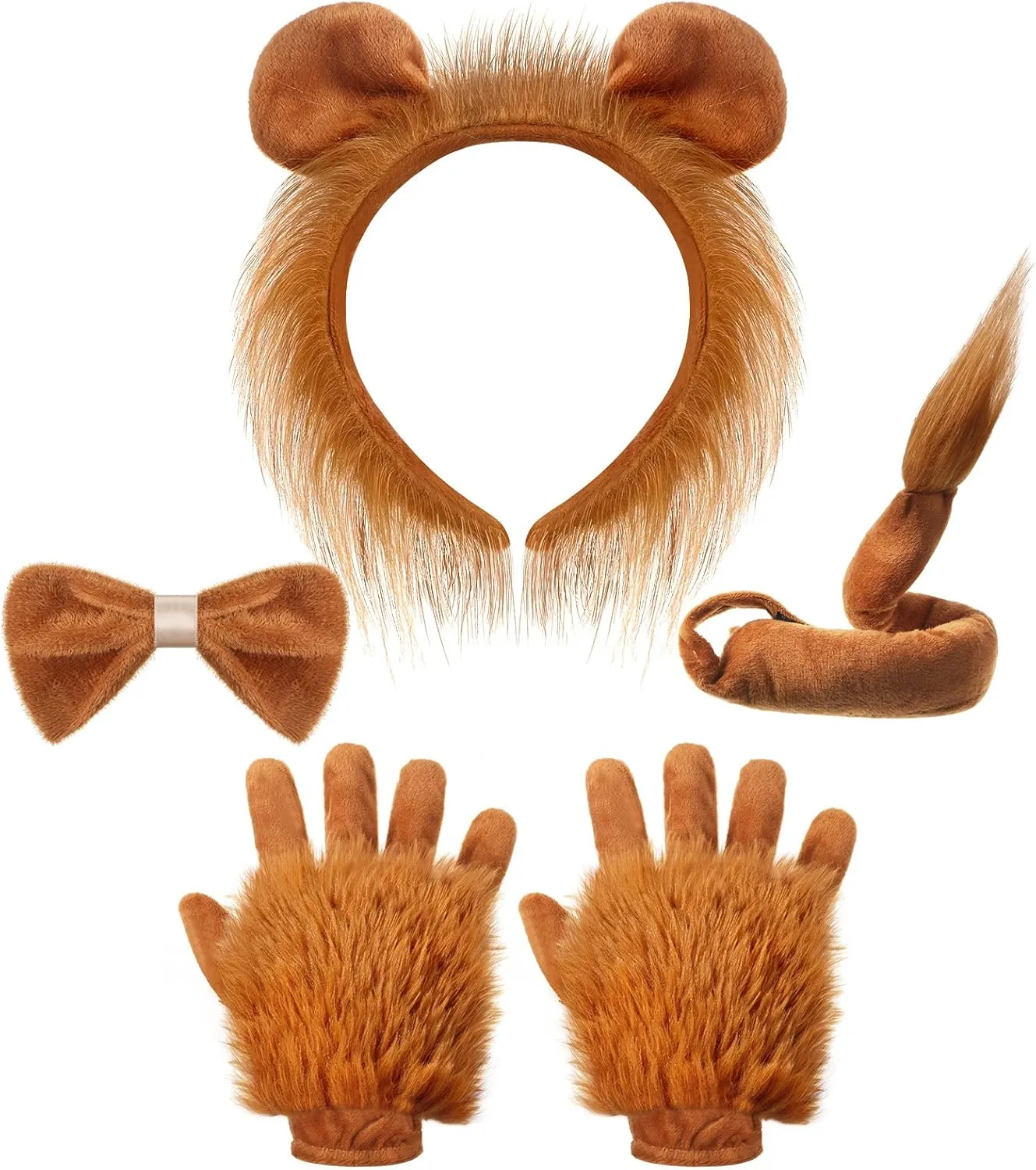 Haysandy 5 Pcs Lion Costume Set Lion Ears Headband Paw Gloves Bow Tie and Tail Brown Fancy Dress Kit Accessories for Kids Animal Themed Costume Cosplay kit Dress up Party