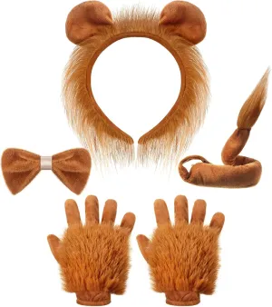 Haysandy 5 Pcs Lion Costume Set Lion Ears Headband Paw Gloves Bow Tie and Tail Brown Fancy Dress Kit Accessories for Kids Animal Themed Costume Cosplay kit Dress up Party