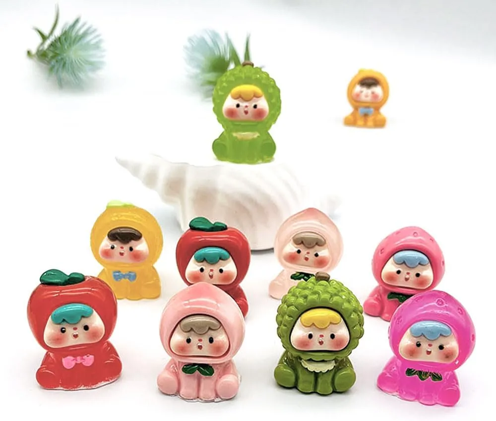Healing Cute Pet Desktop Ornament Set10 Pieces, Office Desk Stress Reliever, Car Cute Air Outlet Decoration, Living Room Art Display Set, Resin Hand Carving (Coloured Fruit)