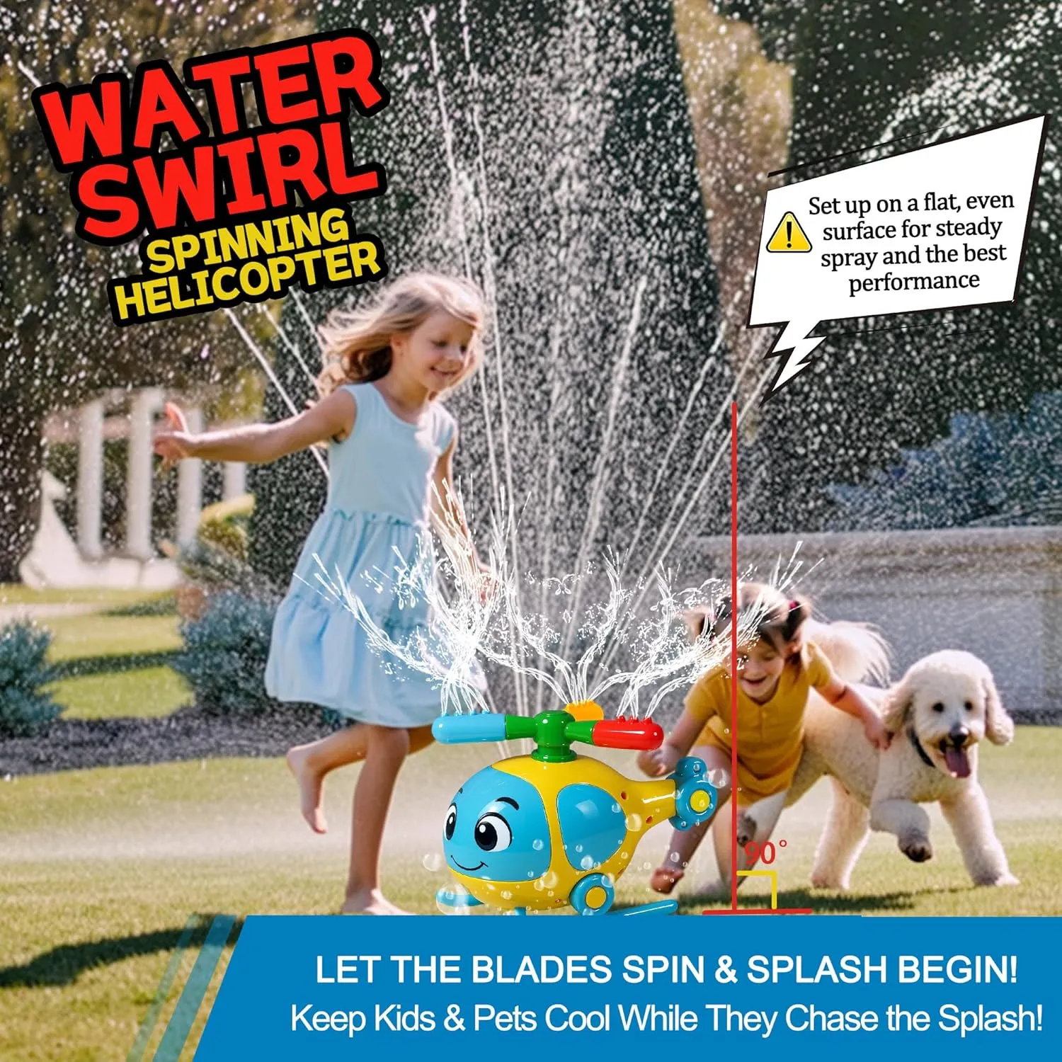 Helicopter Water Sprinkler for Kids, Spinning Outdoor Lawn Toy for Summer Fun, Backyard, Pool, Garden & Birthday Party Play, Ages 3-12, Easy Setup Water-Powered Sprinkler