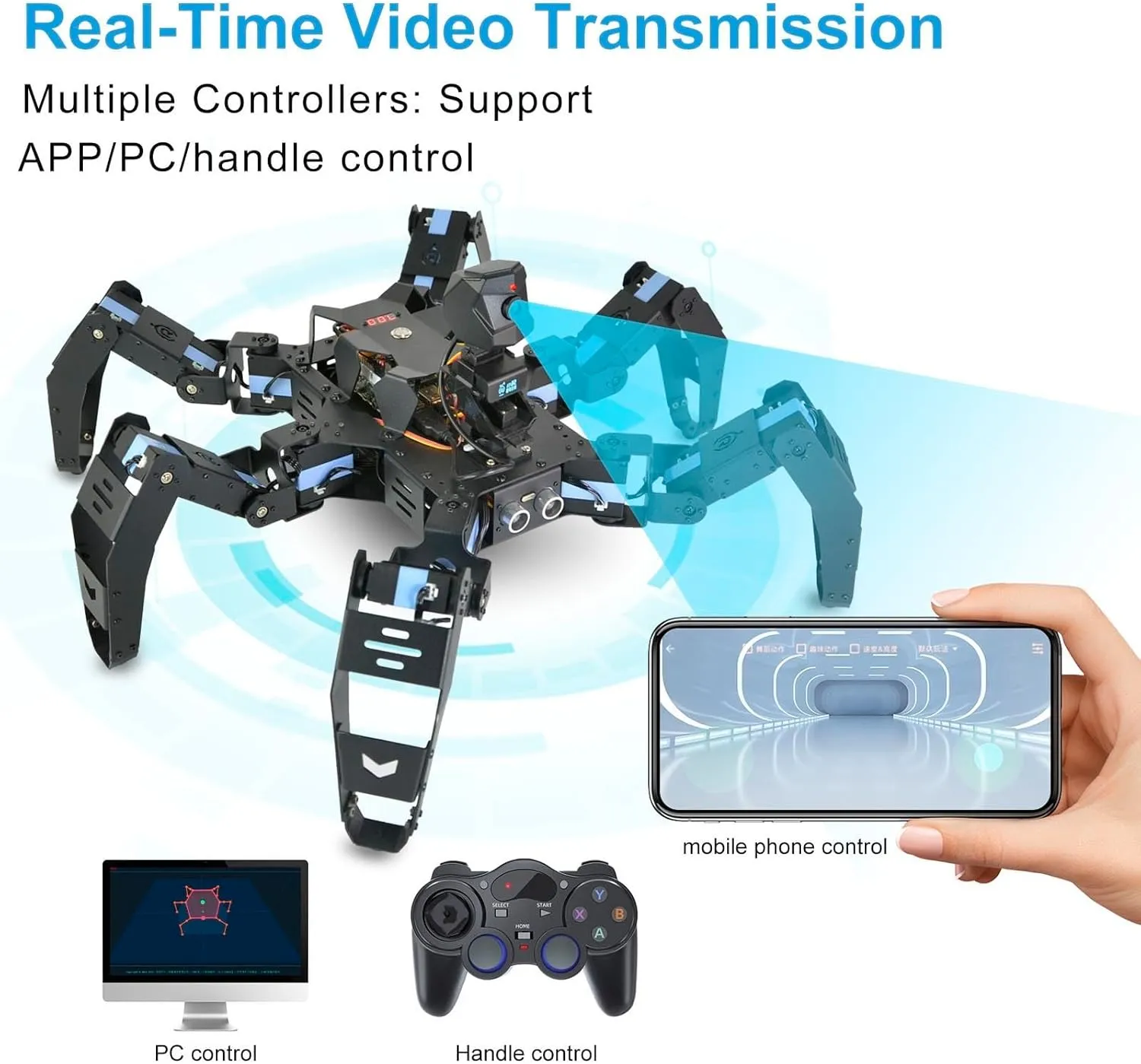 Hexapod Robot Kit for Raspberry Pi 5, Walking Spider Programmable AI Robot Kit, Face/QR Code/Color Recognition, Ultrasonic Sensor, HD Camera, 18 DOF Metal Servo
