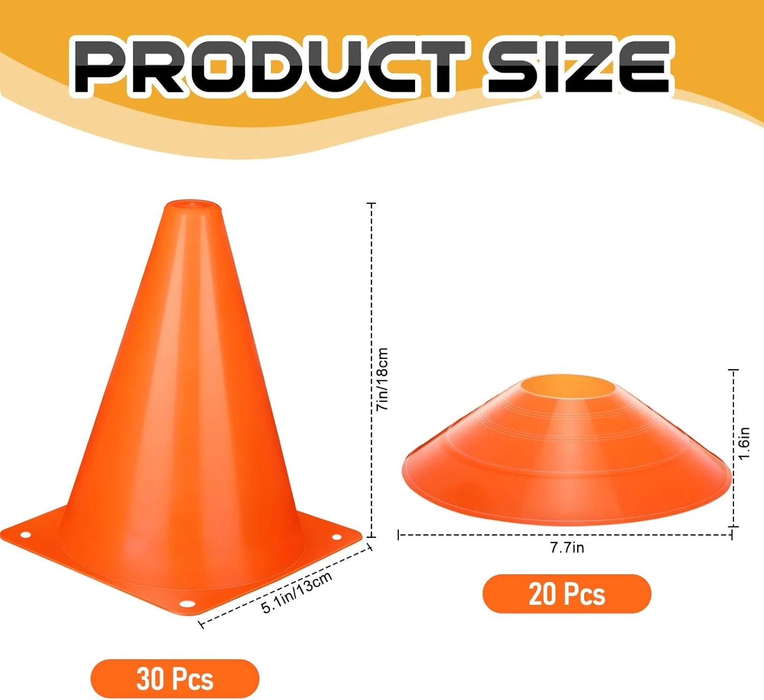 Hiboom 50 Pack Cones Sports Training Set, 30 Pcs 7 Inch Soccer Cones and 20 Pcs Disc Cones for Soccer Basketball Drills