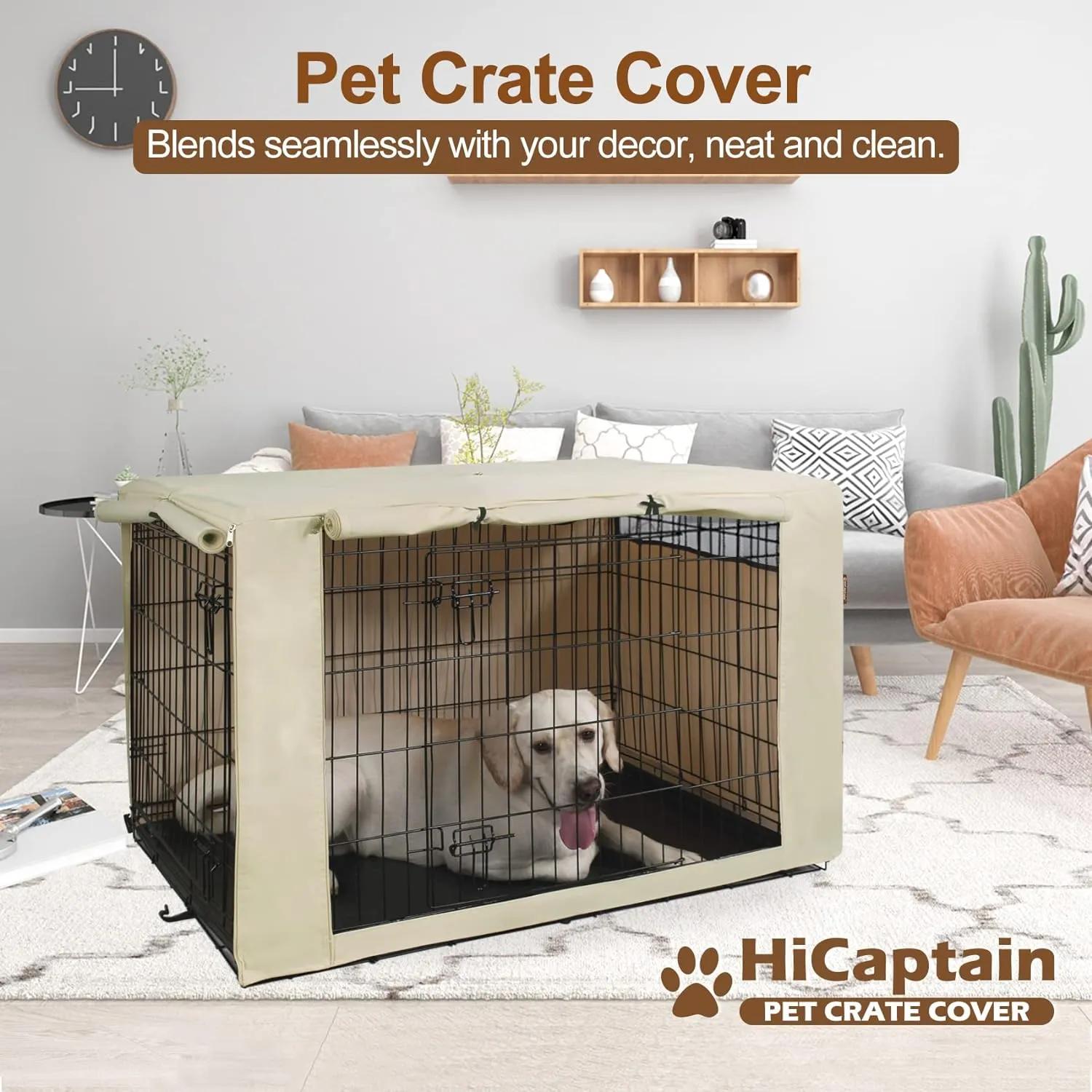 HiCaptain Polyester Dog Crate Cover - Durable Windproof Pet Kennel Cover for Wire Crate Indoor Outdoor Protection (48 inches, Light Tan)