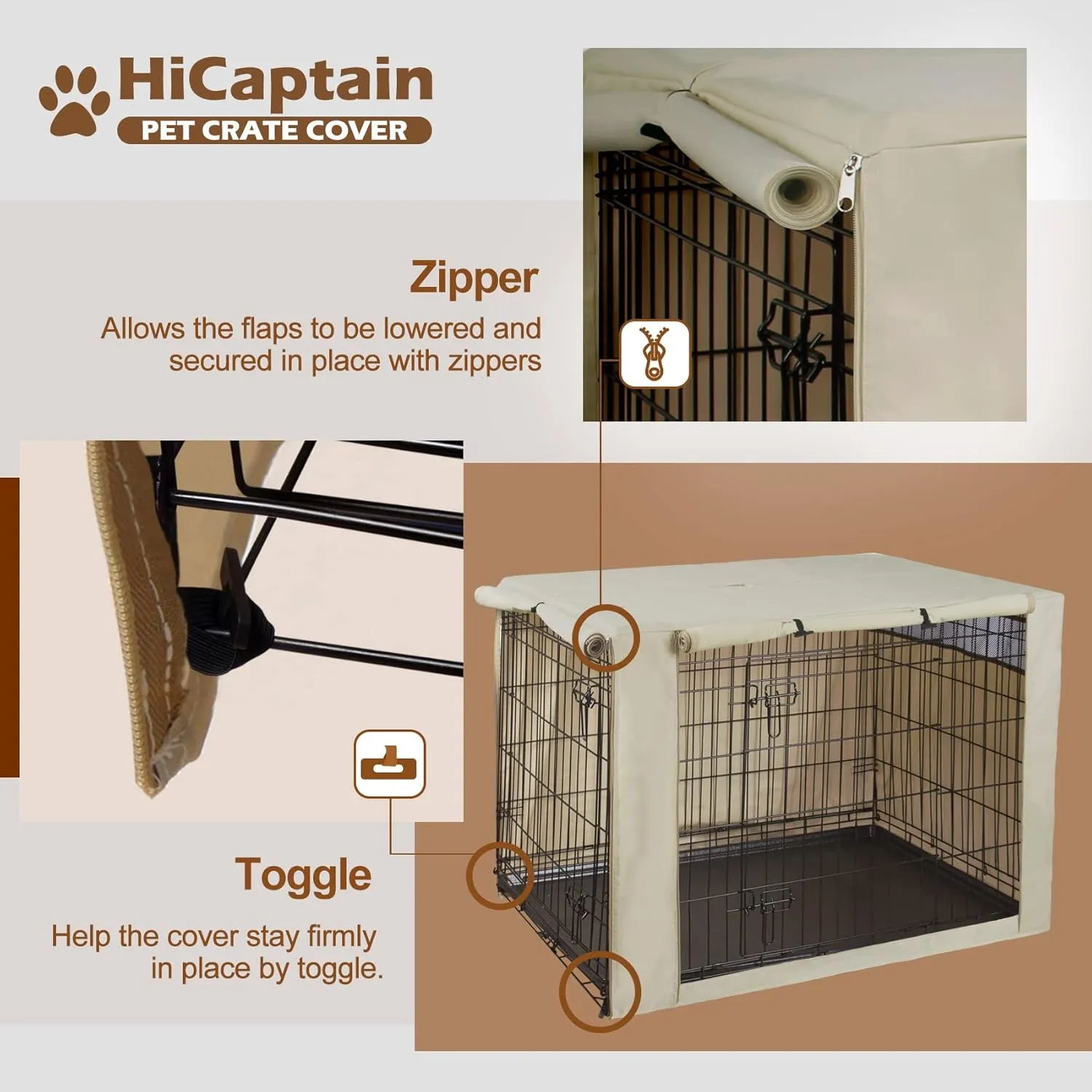 HiCaptain Polyester Dog Crate Cover - Durable Windproof Pet Kennel Cover for Wire Crate Indoor Outdoor Protection (48 inches, Light Tan)