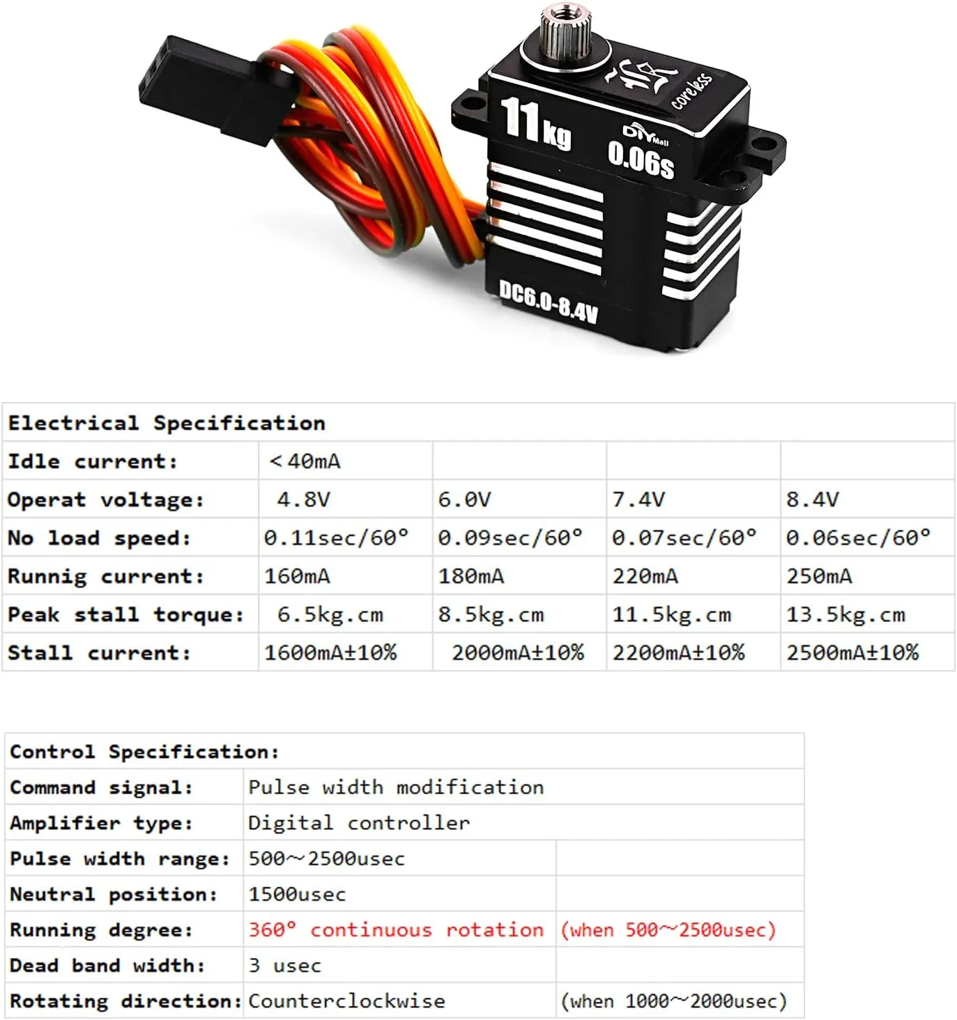 High Torque 11KG Mini All-Metal Digital Servo High Pressure Coreless Motor Micro Servo Programmable for RC Car Robot (360° Continuous Rotation)