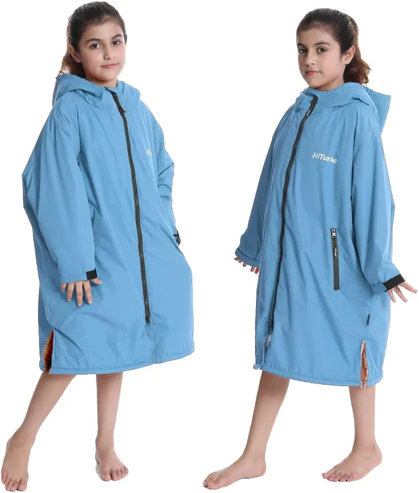 Hiturbo Warm Kids Swim Parka: Waterproof Changing Robe - Oversize Swimming Coat - Hooded Surf Poncho - Thick Lining (7-14Y)