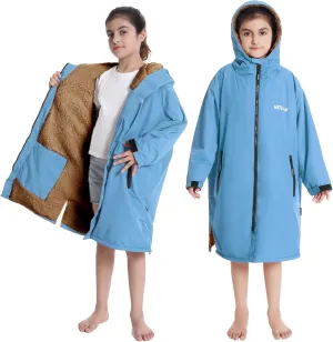 Hiturbo Warm Kids Swim Parka: Waterproof Changing Robe - Oversize Swimming Coat - Hooded Surf Poncho - Thick Lining (7-14Y)