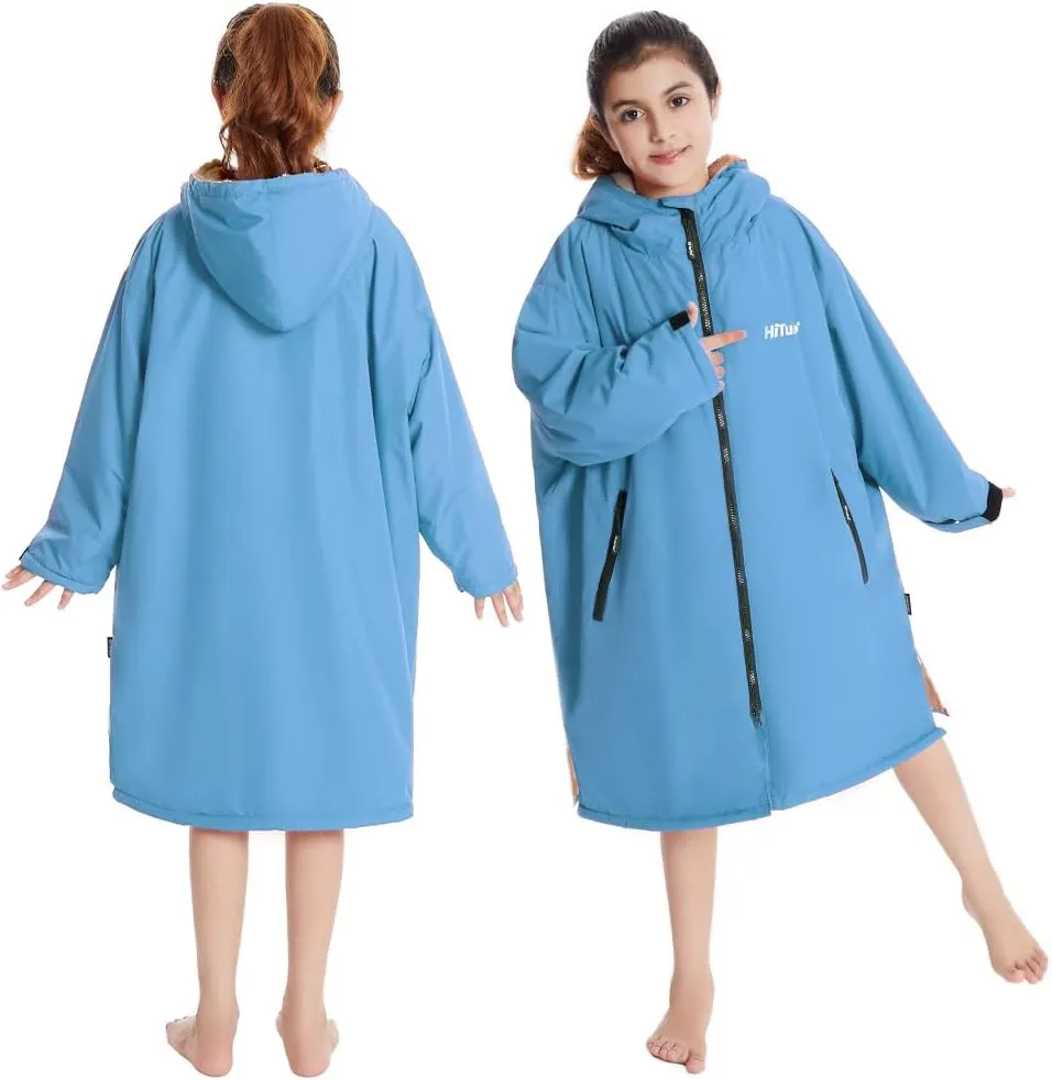 Hiturbo Warm Kids Swim Parka: Waterproof Changing Robe - Oversize Swimming Coat - Hooded Surf Poncho - Thick Lining (7-14Y)