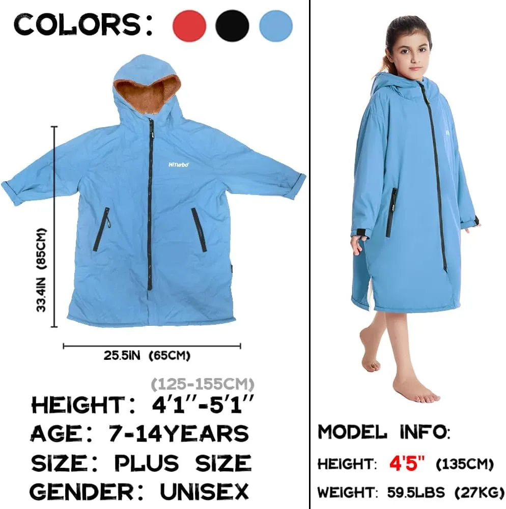 Hiturbo Warm Kids Swim Parka: Waterproof Changing Robe - Oversize Swimming Coat - Hooded Surf Poncho - Thick Lining (7-14Y)