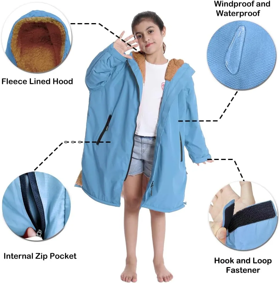 Hiturbo Warm Kids Swim Parka: Waterproof Changing Robe - Oversize Swimming Coat - Hooded Surf Poncho - Thick Lining (7-14Y)