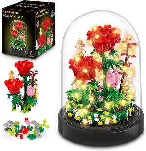 HOGOKIDS Flower Bouquet Building Kit with LED Lighting - 596 PCS Rose Sets with Cover Botanical Building Blocks | Birthday Mini Bricks Valentines Day Gift for Adult Girlfriend Wife (Red Roses)