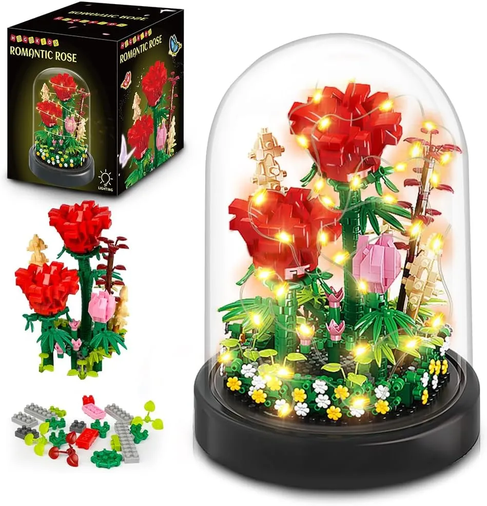 HOGOKIDS Flower Bouquet Building Kit with LED Lighting - 596 PCS Rose Sets with Cover Botanical Building Blocks | Birthday Mini Bricks Valentines Day Gift for Adult Girlfriend Wife (Red Roses)
