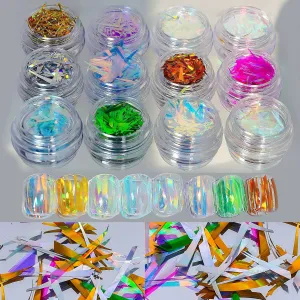 Holographic Nail Glitter 12 Boxes Aurora Nail Foil Stickers Irregular Nail Art Sequins Colorful Nail Glitters Flakes Confetti Broken Glass Paper Laser Nail Decals Wraps Nail Art Supplies Decorations
