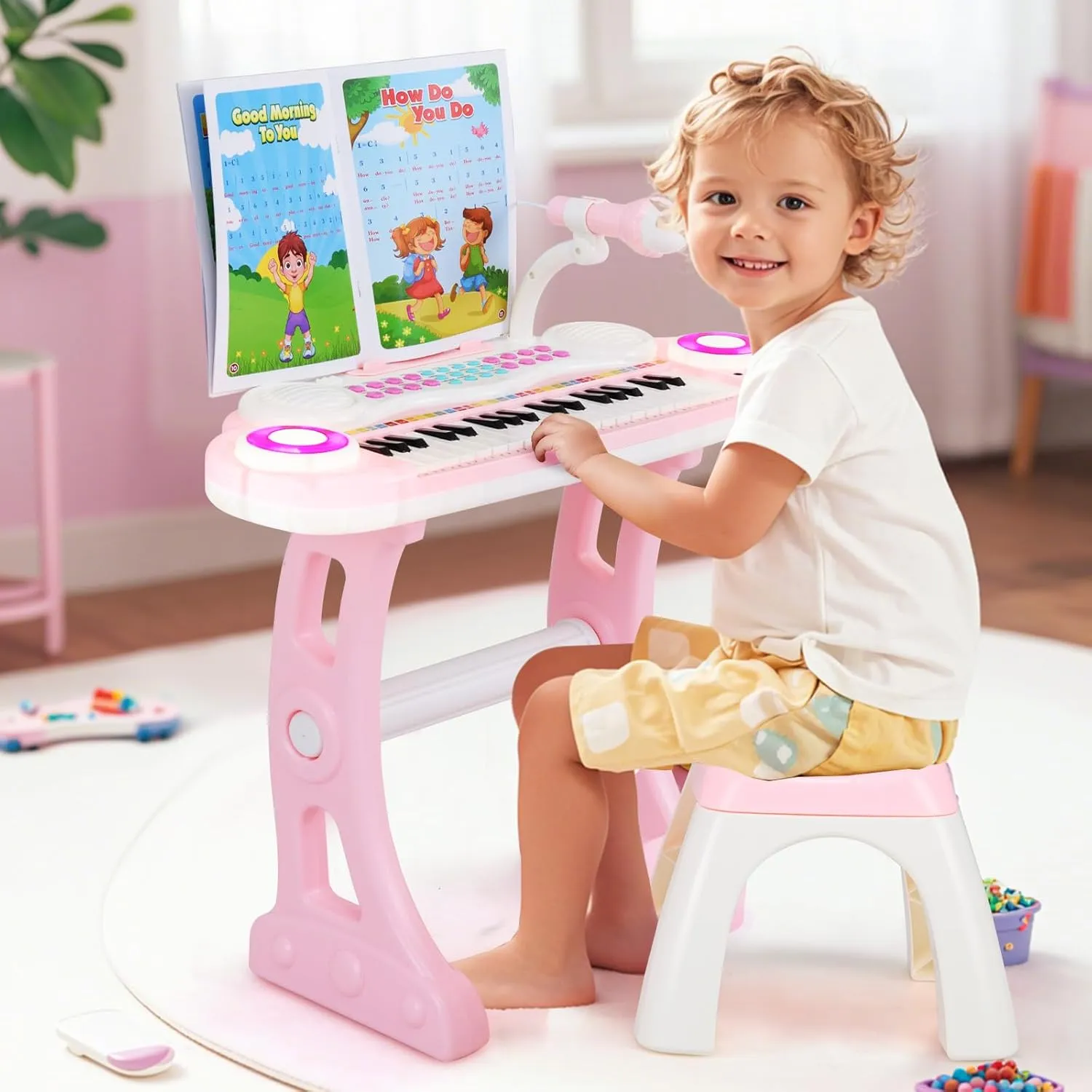 HONEY JOY Pink Kids Piano, 37-Key Kids Keyboard Piano w/ Book, Music Stand & Bench, Microphone, Lights, Portable Electronic Educational Musical Instrument, Gift for Girls Boys