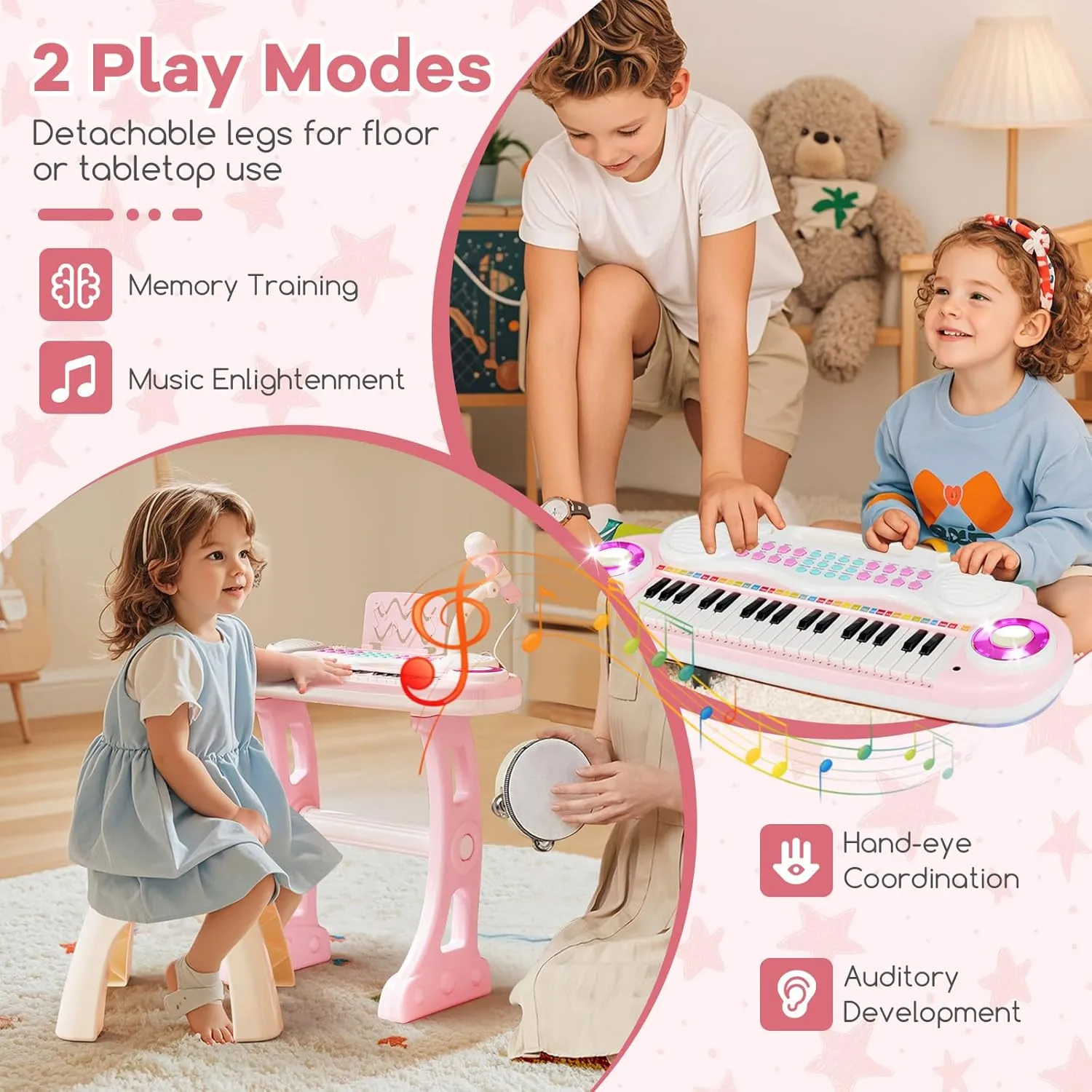 HONEY JOY Pink Kids Piano, 37-Key Kids Keyboard Piano w/ Book, Music Stand & Bench, Microphone, Lights, Portable Electronic Educational Musical Instrument, Gift for Girls Boys