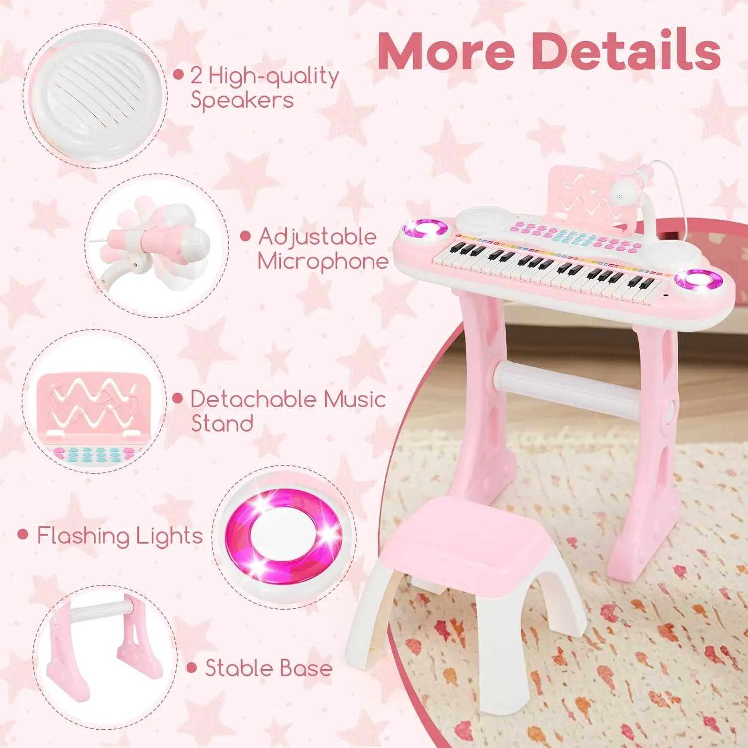 HONEY JOY Pink Kids Piano, 37-Key Kids Keyboard Piano w/ Book, Music Stand & Bench, Microphone, Lights, Portable Electronic Educational Musical Instrument, Gift for Girls Boys