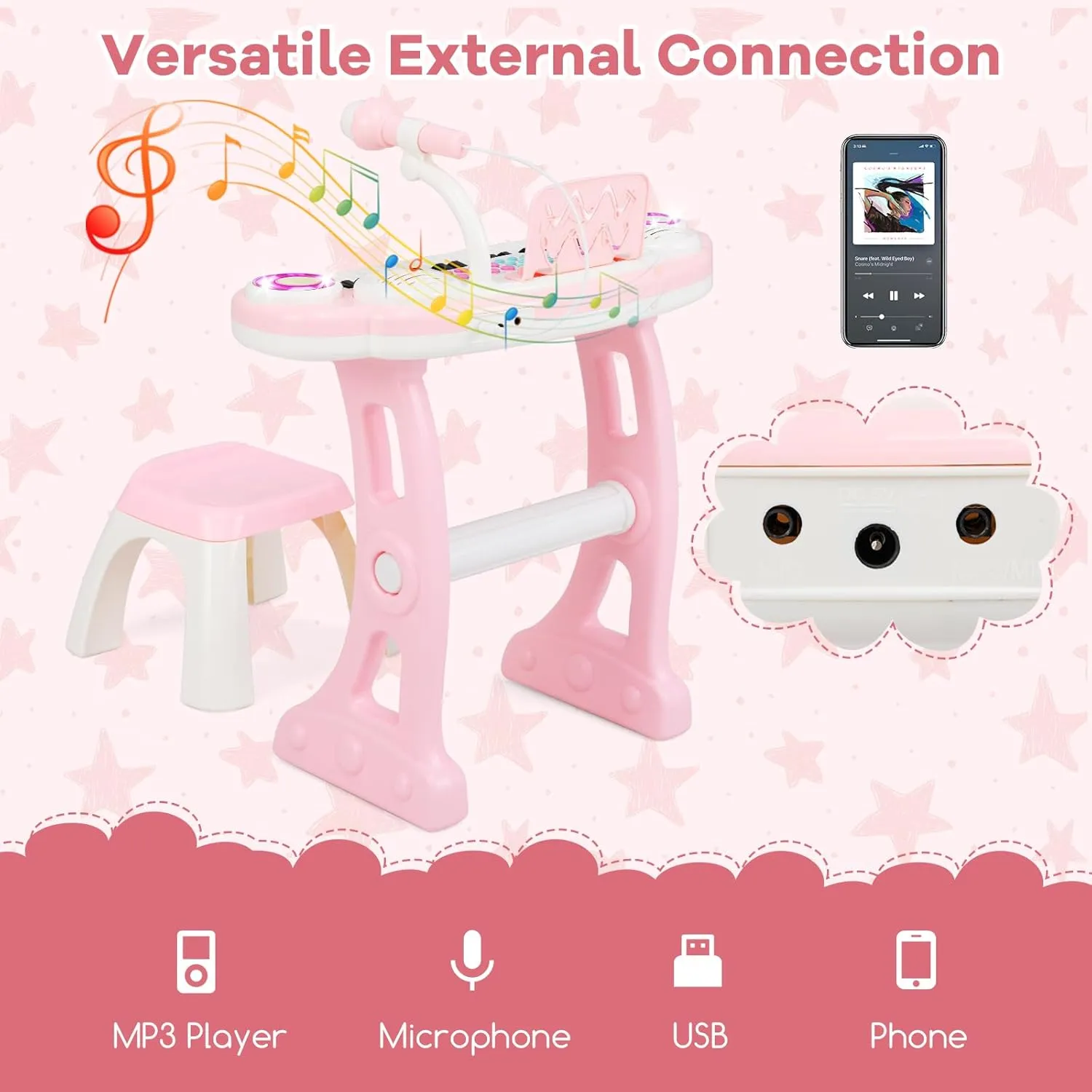 HONEY JOY Pink Kids Piano, 37-Key Kids Keyboard Piano w/ Book, Music Stand & Bench, Microphone, Lights, Portable Electronic Educational Musical Instrument, Gift for Girls Boys