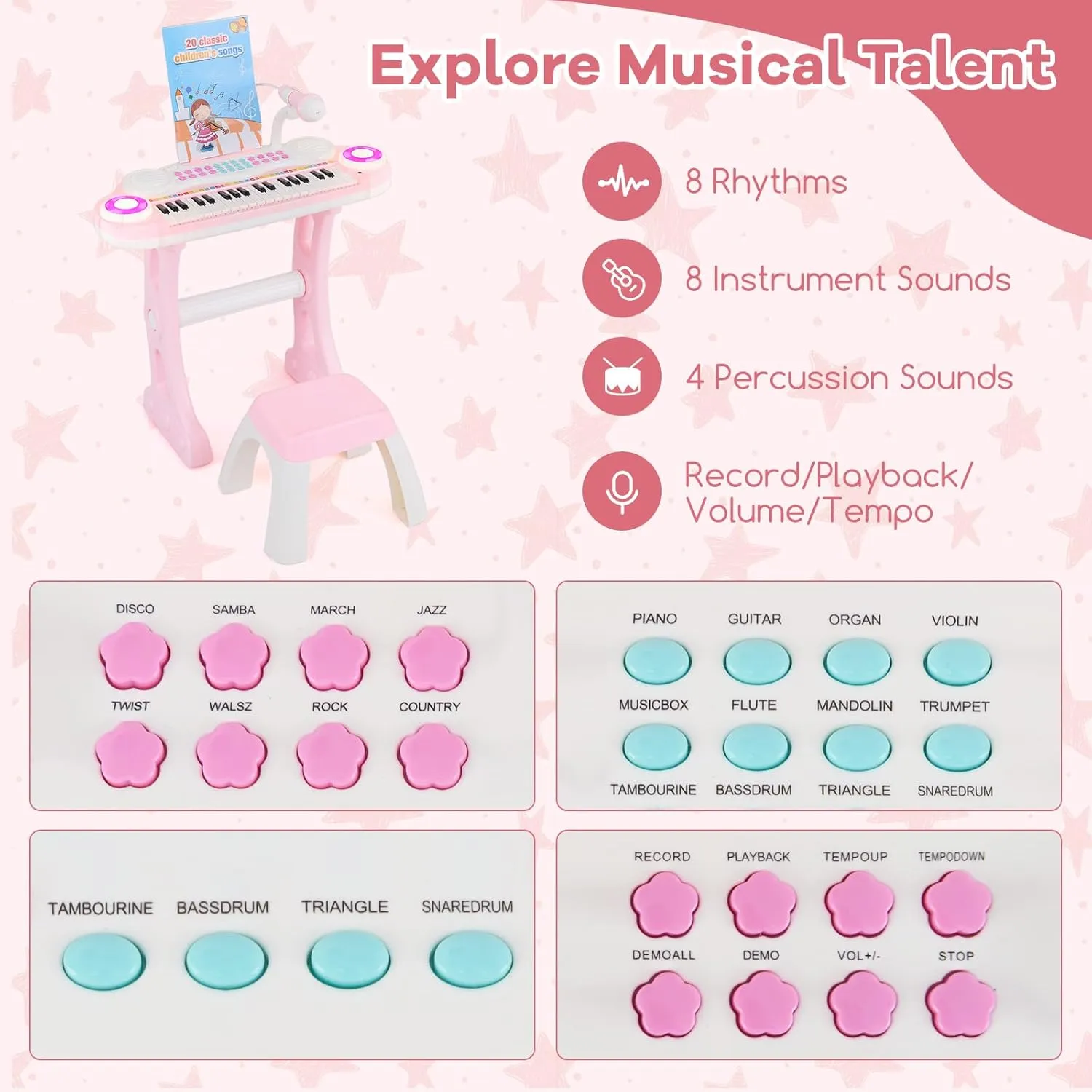 HONEY JOY Pink Kids Piano, 37-Key Kids Keyboard Piano w/ Book, Music Stand & Bench, Microphone, Lights, Portable Electronic Educational Musical Instrument, Gift for Girls Boys