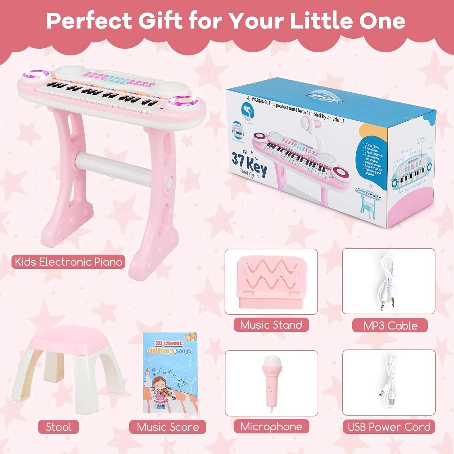 HONEY JOY Pink Kids Piano, 37-Key Kids Keyboard Piano w/ Book, Music Stand & Bench, Microphone, Lights, Portable Electronic Educational Musical Instrument, Gift for Girls Boys