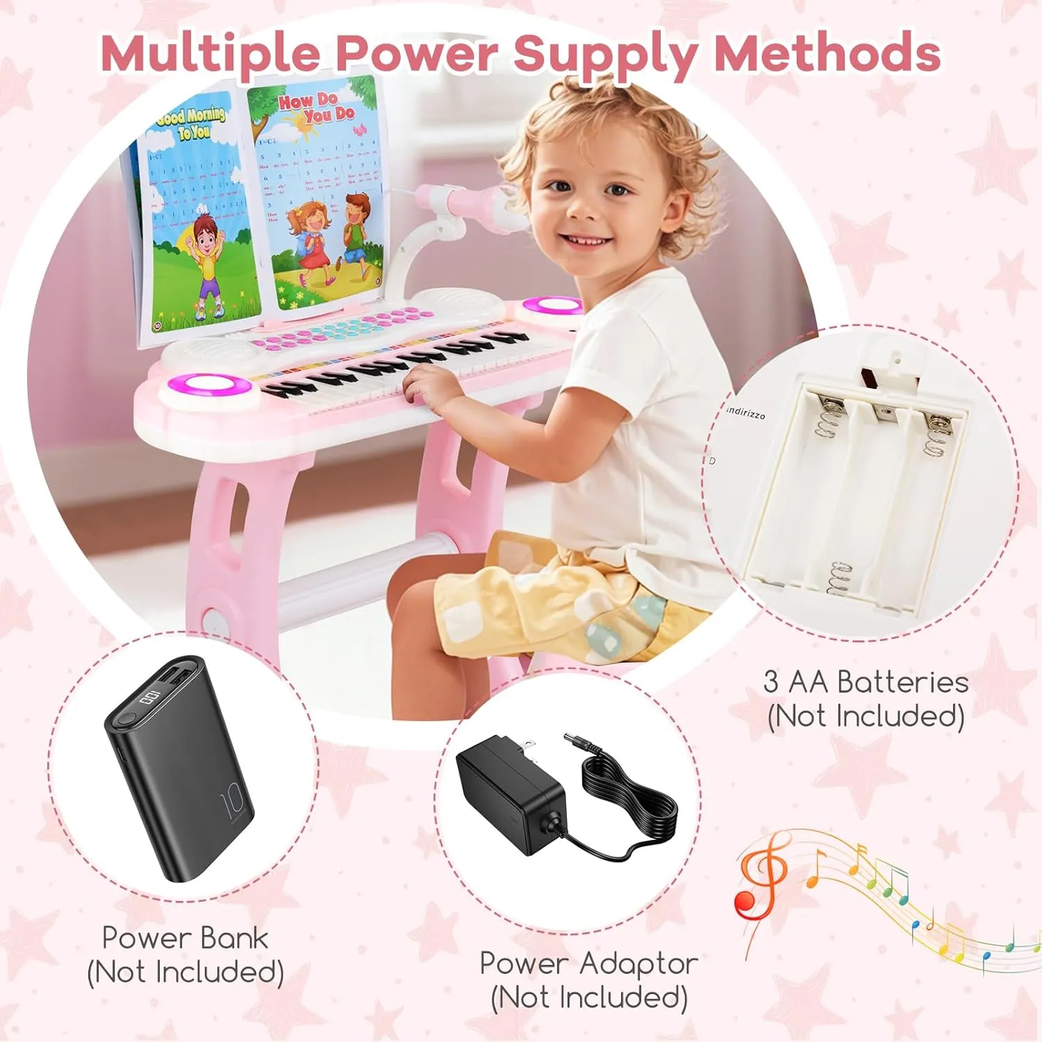 HONEY JOY Pink Kids Piano, 37-Key Kids Keyboard Piano w/ Book, Music Stand & Bench, Microphone, Lights, Portable Electronic Educational Musical Instrument, Gift for Girls Boys