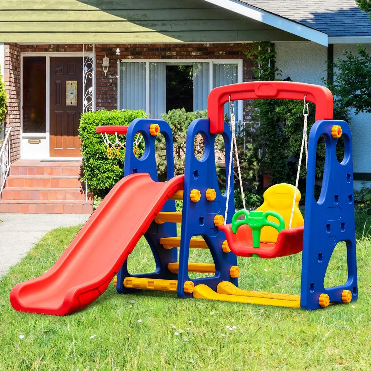 HONEY JOY Toddler Climber and Swing Set, 3-in-1 Indoors & Outdoors Playset with Junior Basketball Hoop for Boys Girls Age 2-8